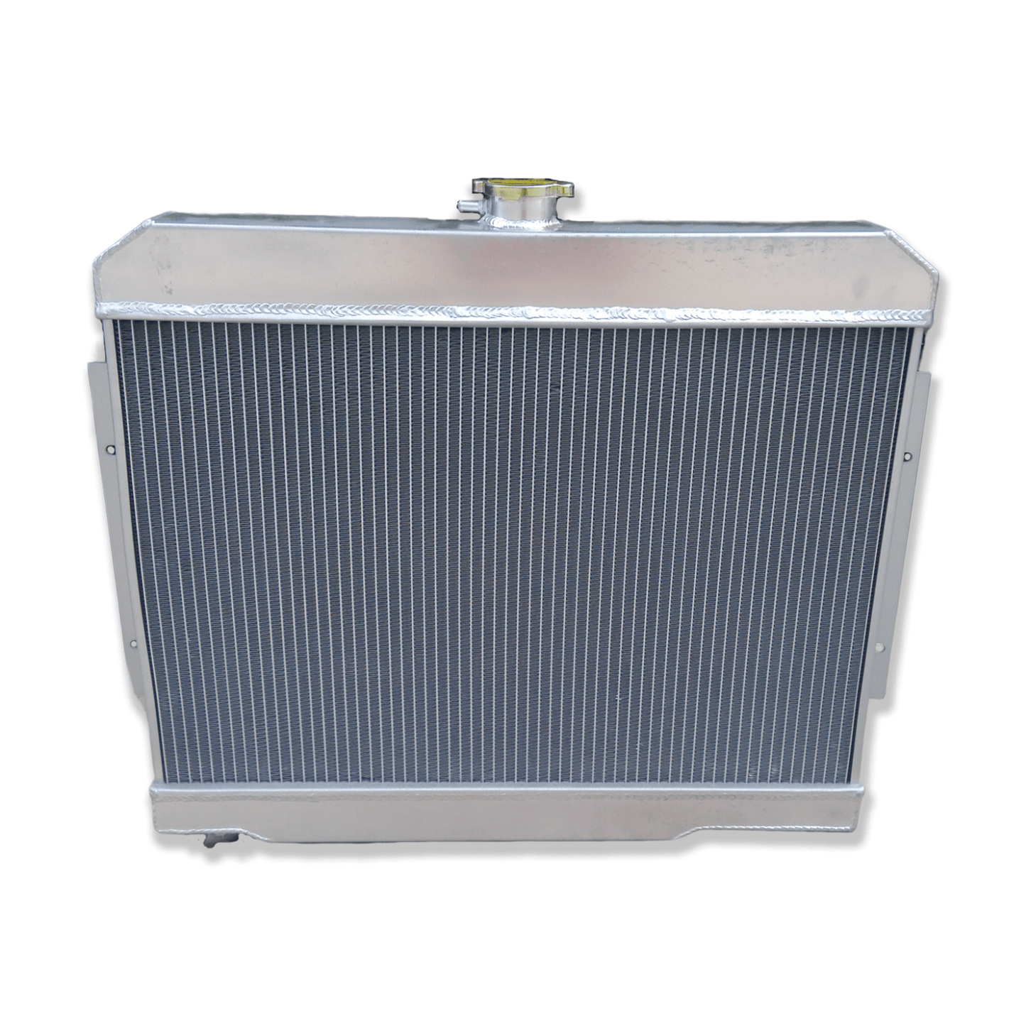 Rear view of the aluminum radiator for a Jeep CJ Chevy V8 conversion, showing the integrated automatic transmission cooler ports.
