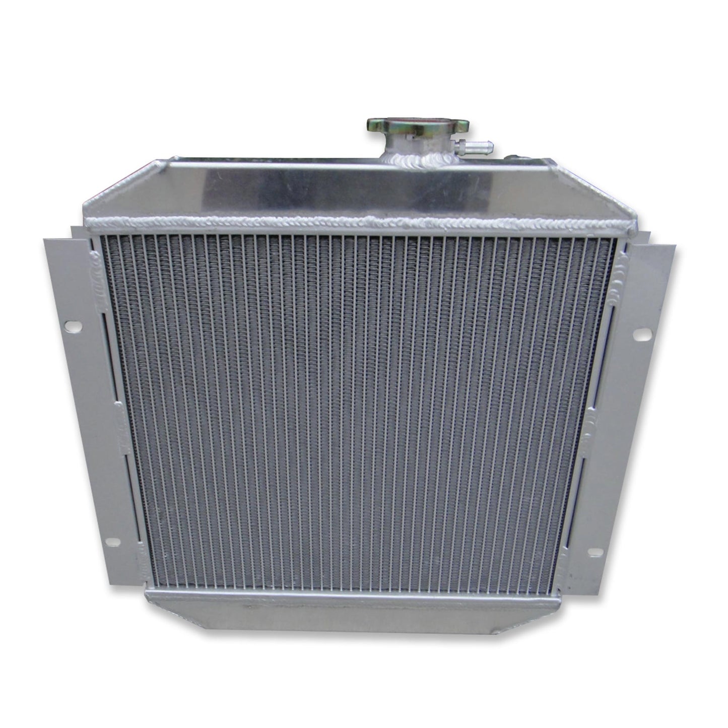 Rear view of the aluminum radiator kit for the Ford Capri, showing the direct-fit mounting points for 4-cylinder models.