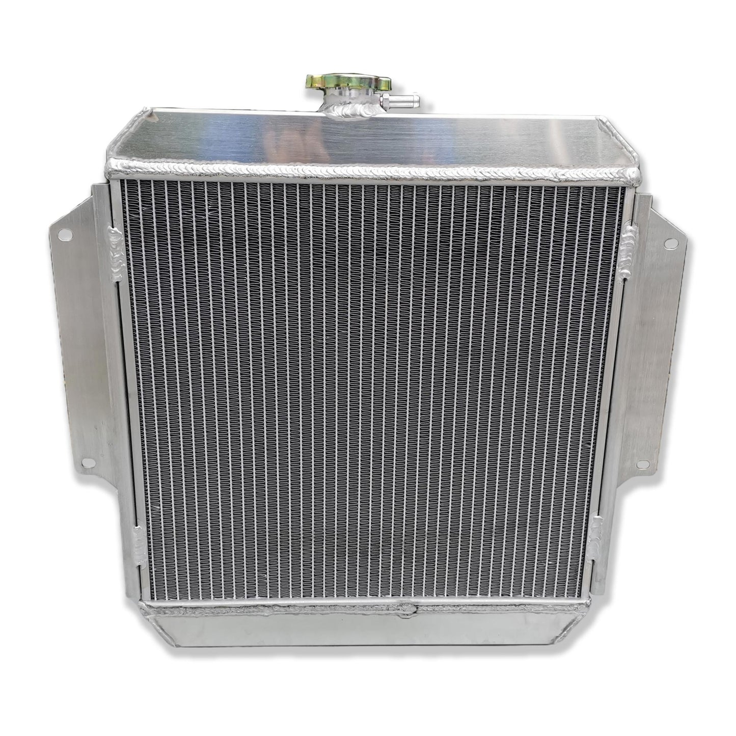Rear view of the complete aluminum radiator kit for the Suzuki Samurai SJ413, showing the fan and shroud assembly.