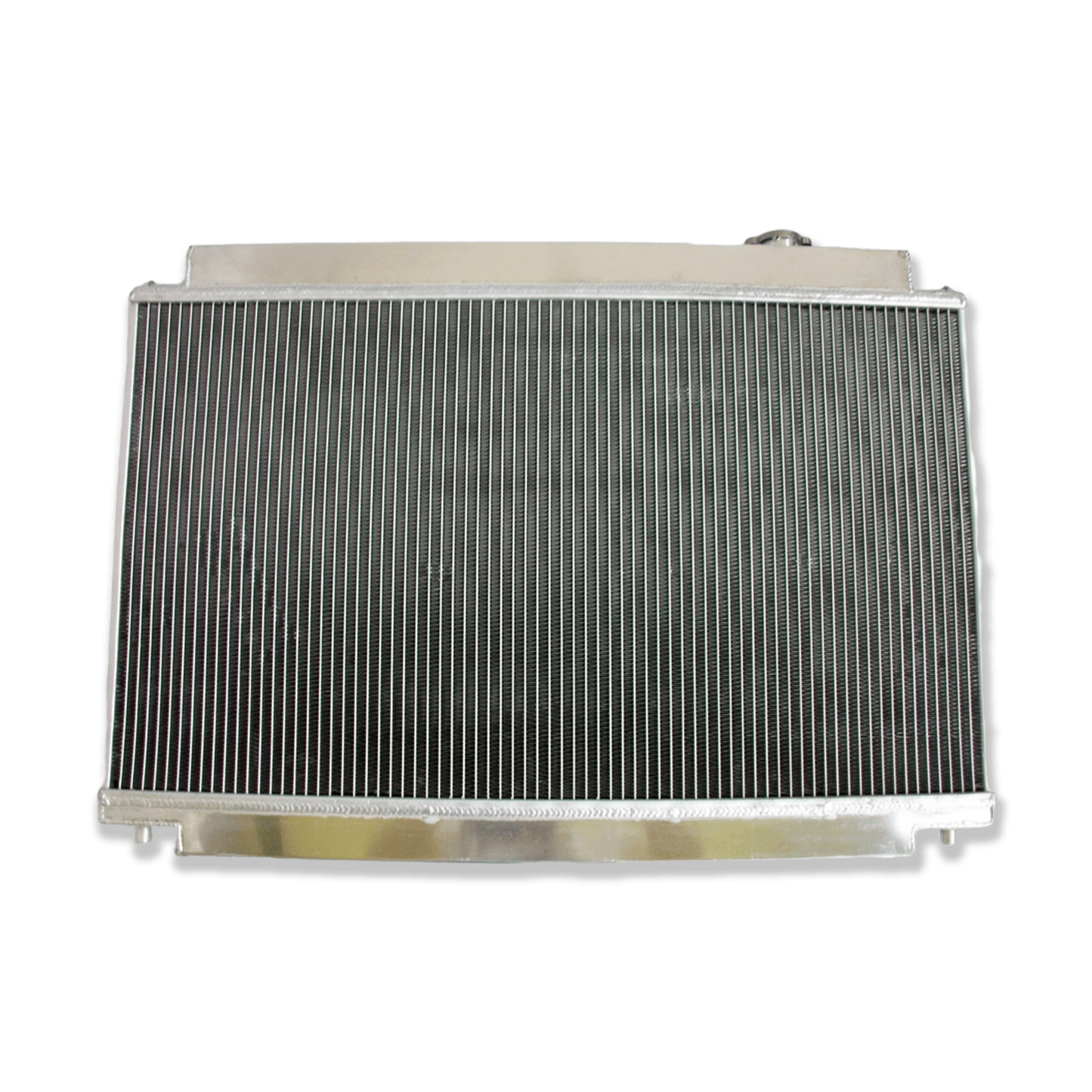 Rear view of the manual transmission aluminum radiator for the Lexus SC300, showing the clean design without automatic cooler ports.