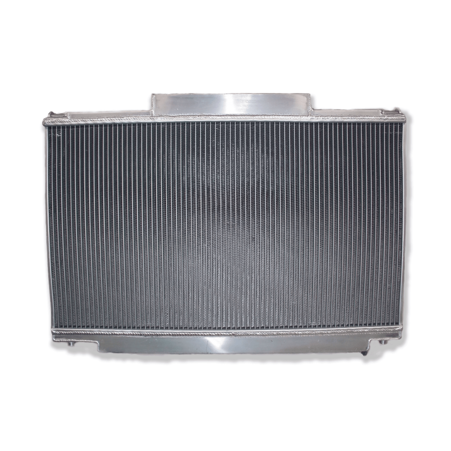 Rear view of the aluminum radiator for the Lexus SC400, showing the integrated automatic transmission cooler ports for a direct AT fit.