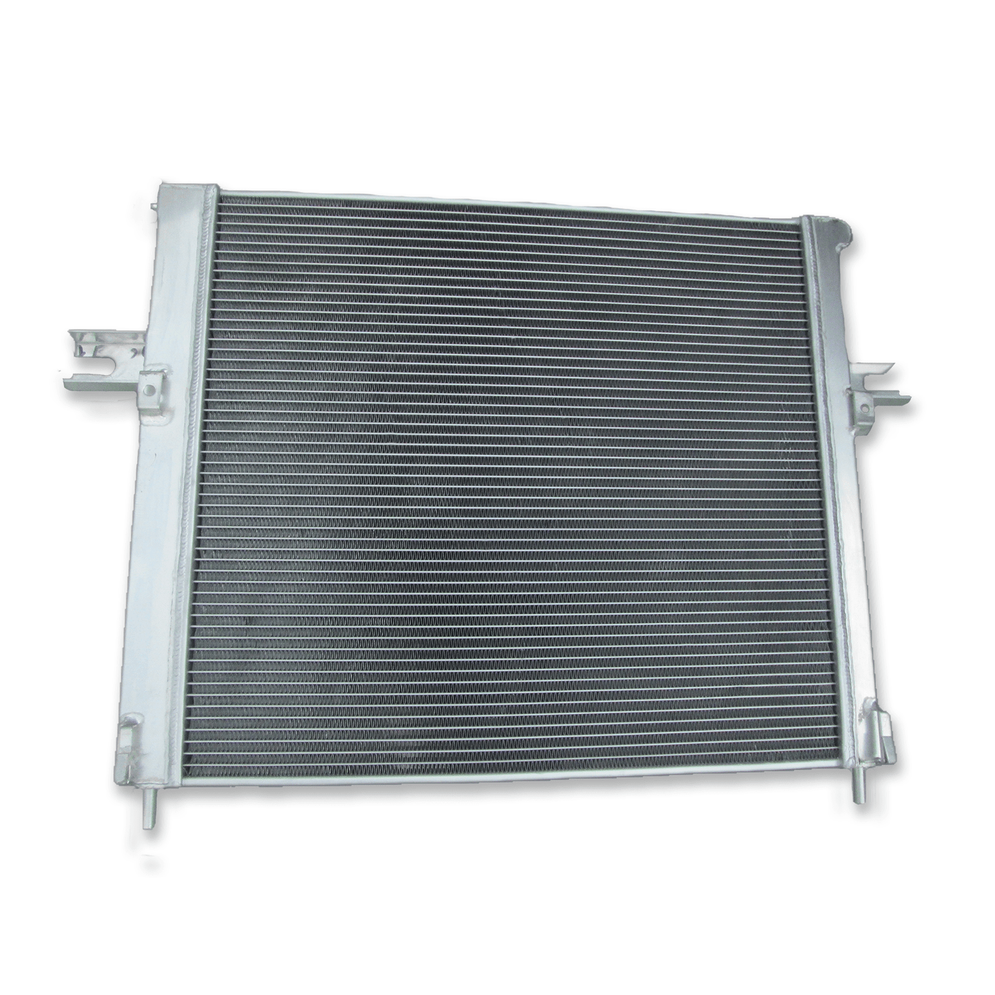 Rear view of the aluminum radiator for Jeep Grand Cherokee 4.7L V8 (1999-2000), detailing the OEM-style mounting points and connections for both automatic and manual transmissions.