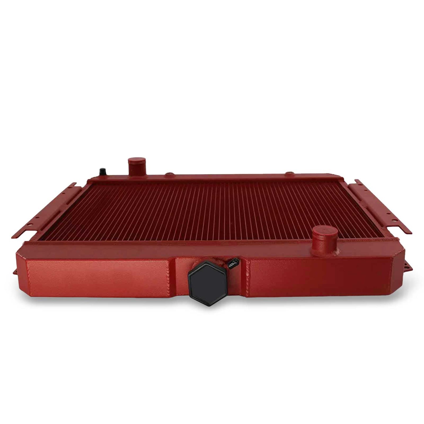 Top view of the 3-Row Red Aluminum Radiator for a 63-68 Chevy Caprice, showing the polished filler neck and robust, TIG-welded red top tank.