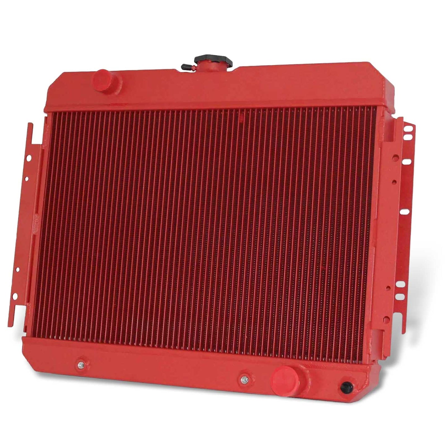 Right side profile of the show-quality 3-Row Red Aluminum Radiator designed for the 1963-1968 Chevrolet Chevelle and other classic models.