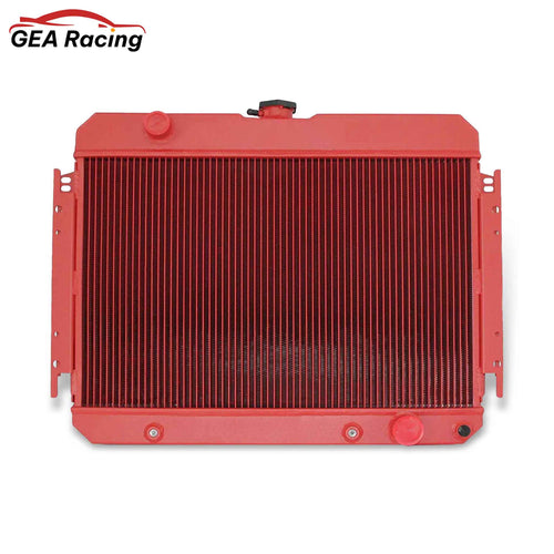Front view of the vibrant 3-Row Red Aluminum Radiator for 1963-1968 Chevrolet Impala, Chevelle, Bel Air, and Caprice models (AT/MT).