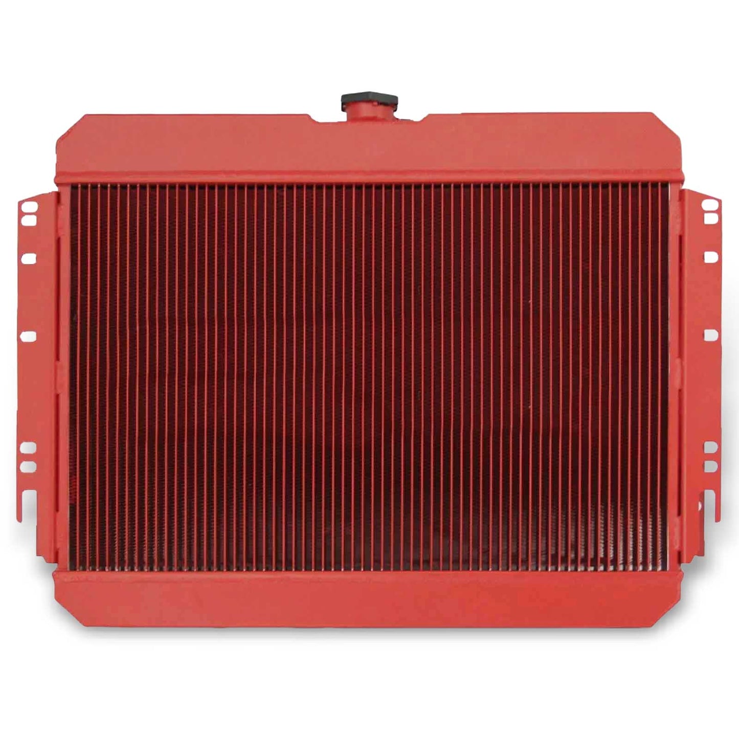 Rear view of the 3-Row Red Aluminum Radiator for a classic Chevy Impala, highlighting the integrated automatic transmission cooler ports for AT/MT.