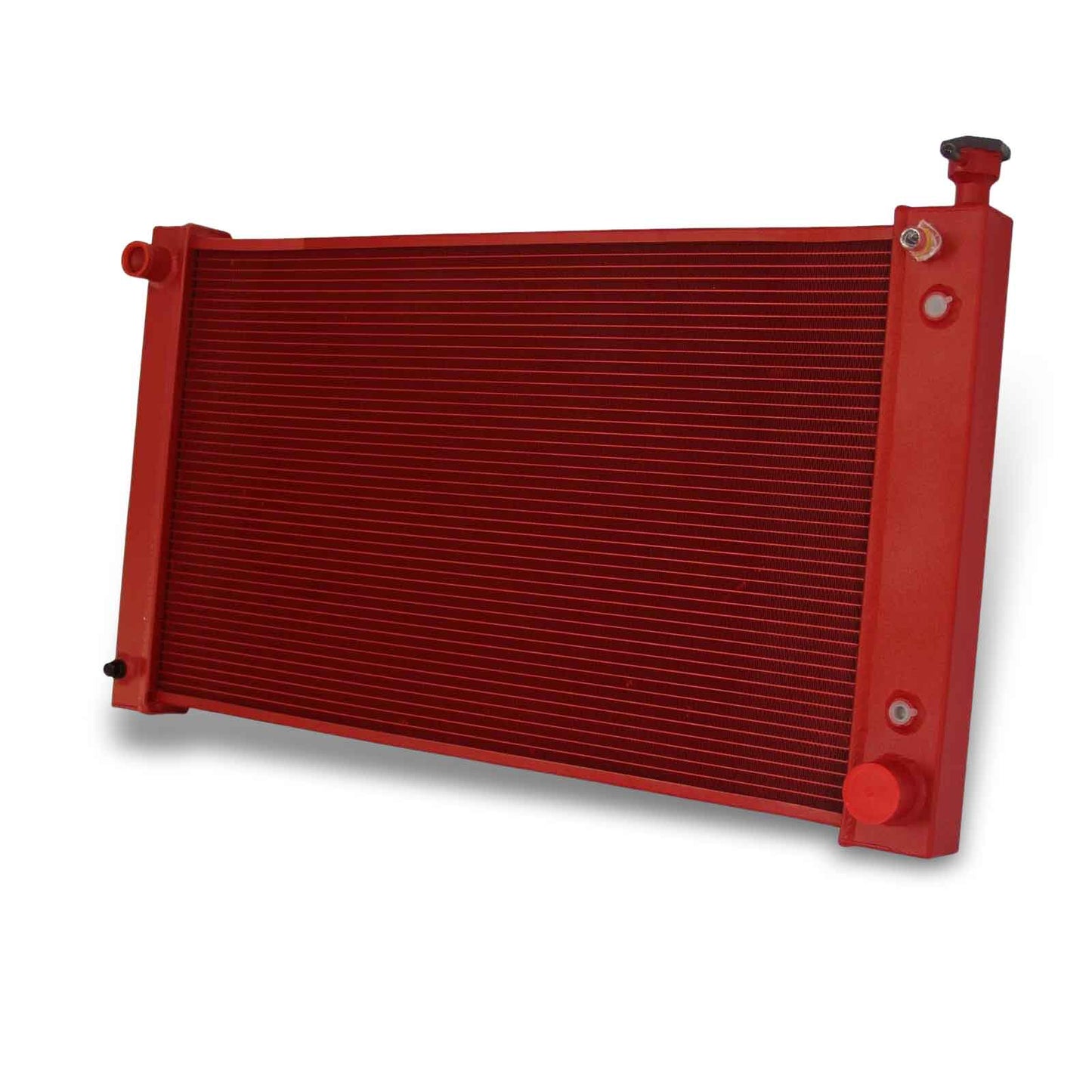 Right side profile of the Red Aluminum Radiator compatible with 88-98 Chevy C/K trucks and Suburban, showing core thickness.