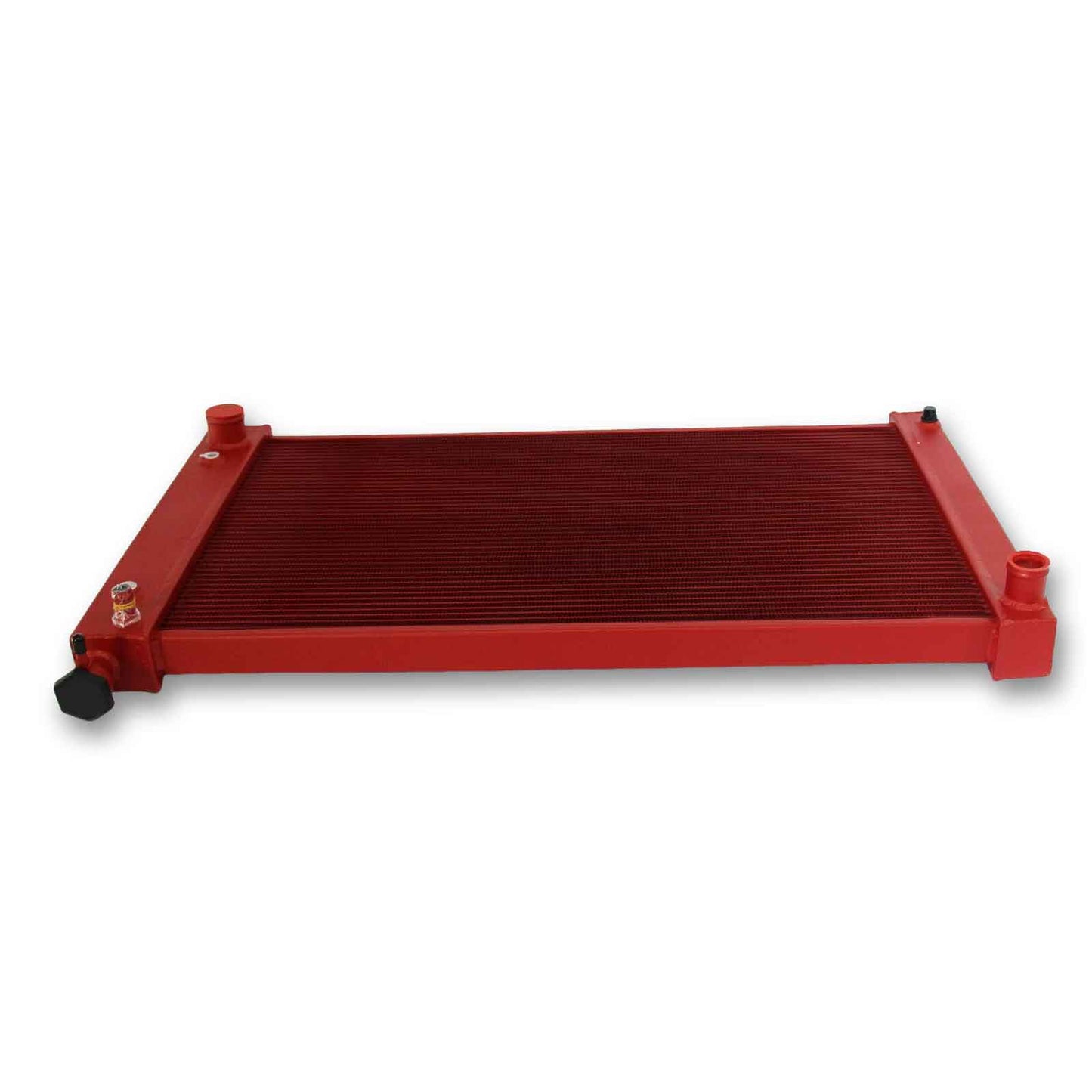 Top-down view of the Red Aluminum Radiator for 1988-1998 Chevrolet and GMC C/K/R/V series trucks, highlighting the bright red finish.