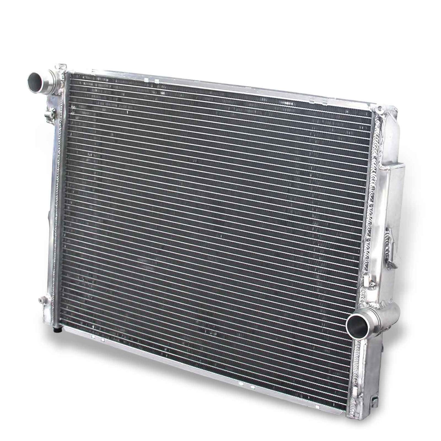 Right side view displaying the inlet and outlet ports on the 2-row aluminum radiator for a manual transmission BMW E46 323i, 328Ci, and Z4 M.