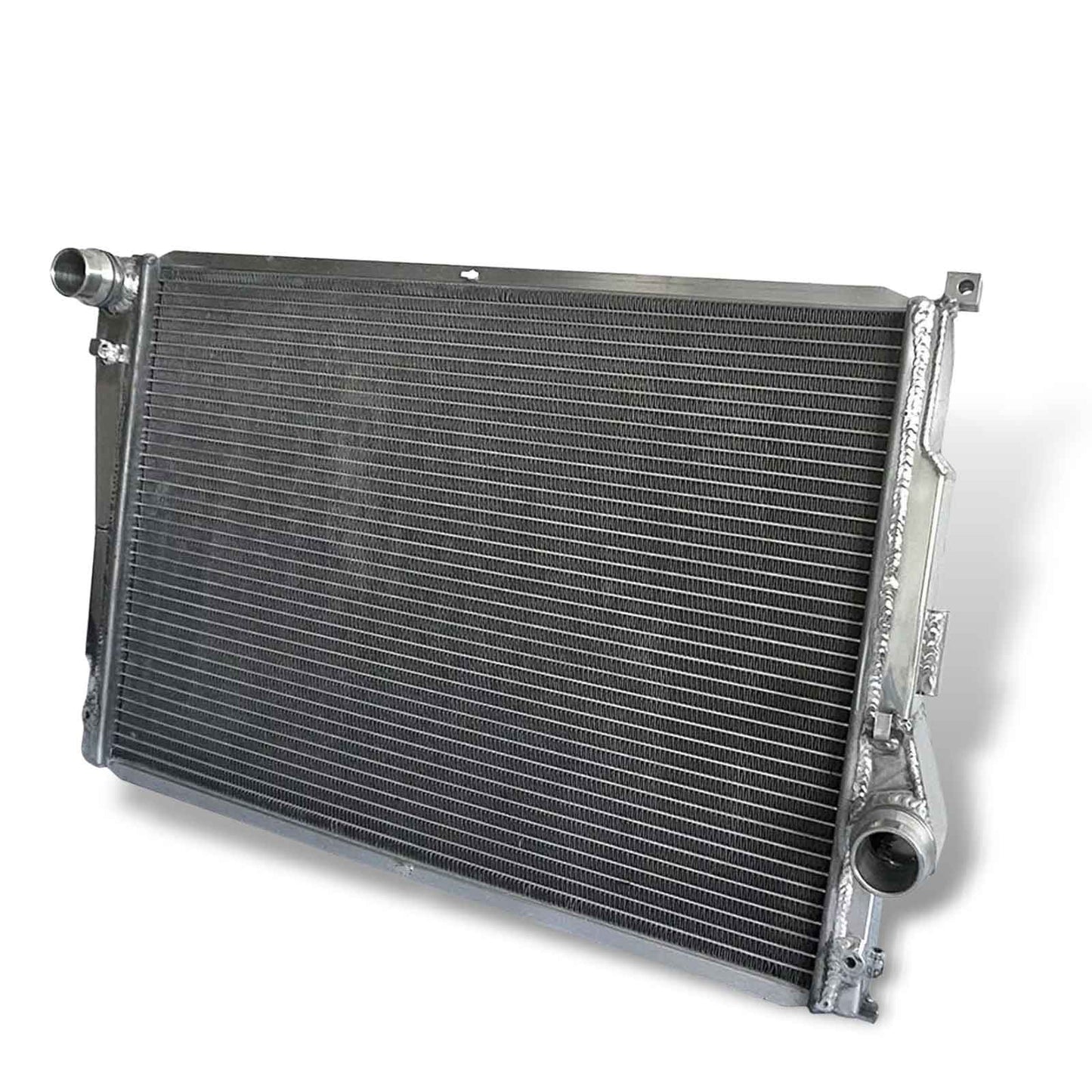 Right side view displaying the inlet and outlet ports on the 3-row aluminum radiator, engineered specifically for the 2001-2006 BMW E46 M3.