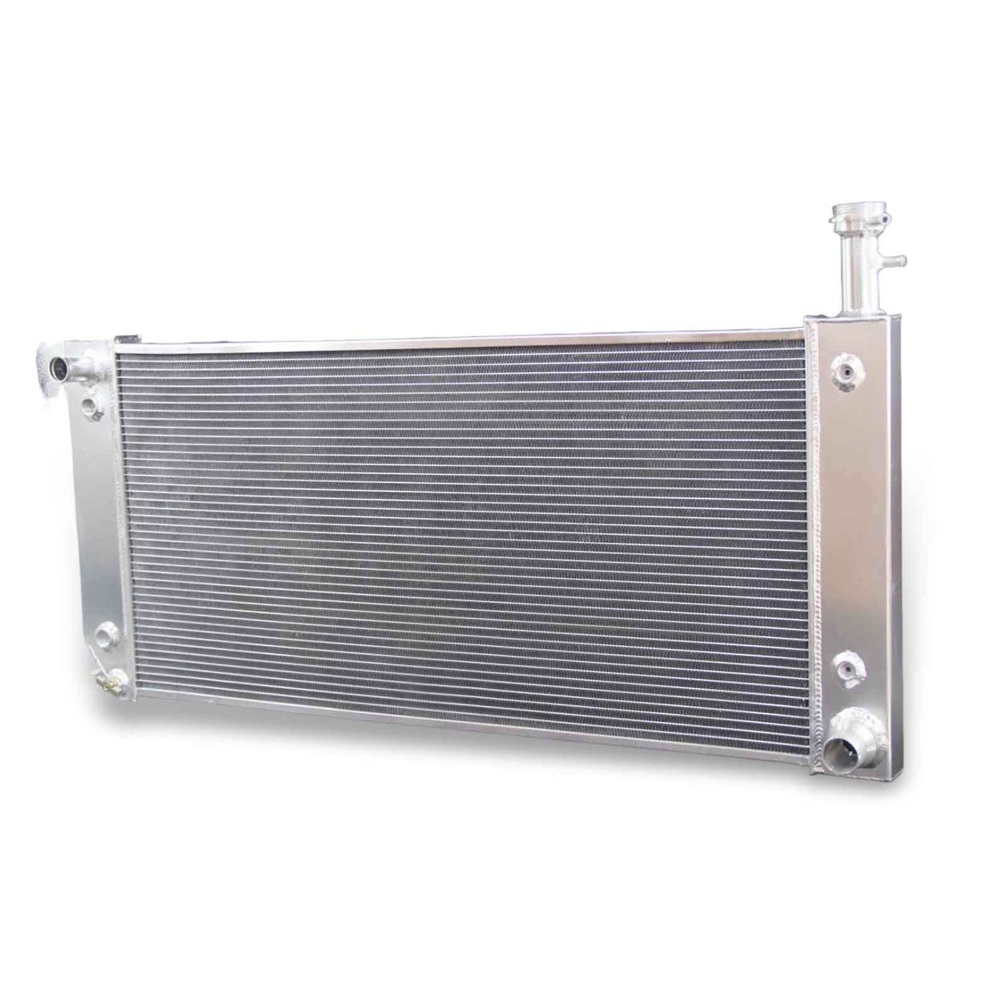 Right side profile of the performance 3-row aluminum radiator for 2004-2019 6.0L V8 Chevy Express and GMC Savana vans.