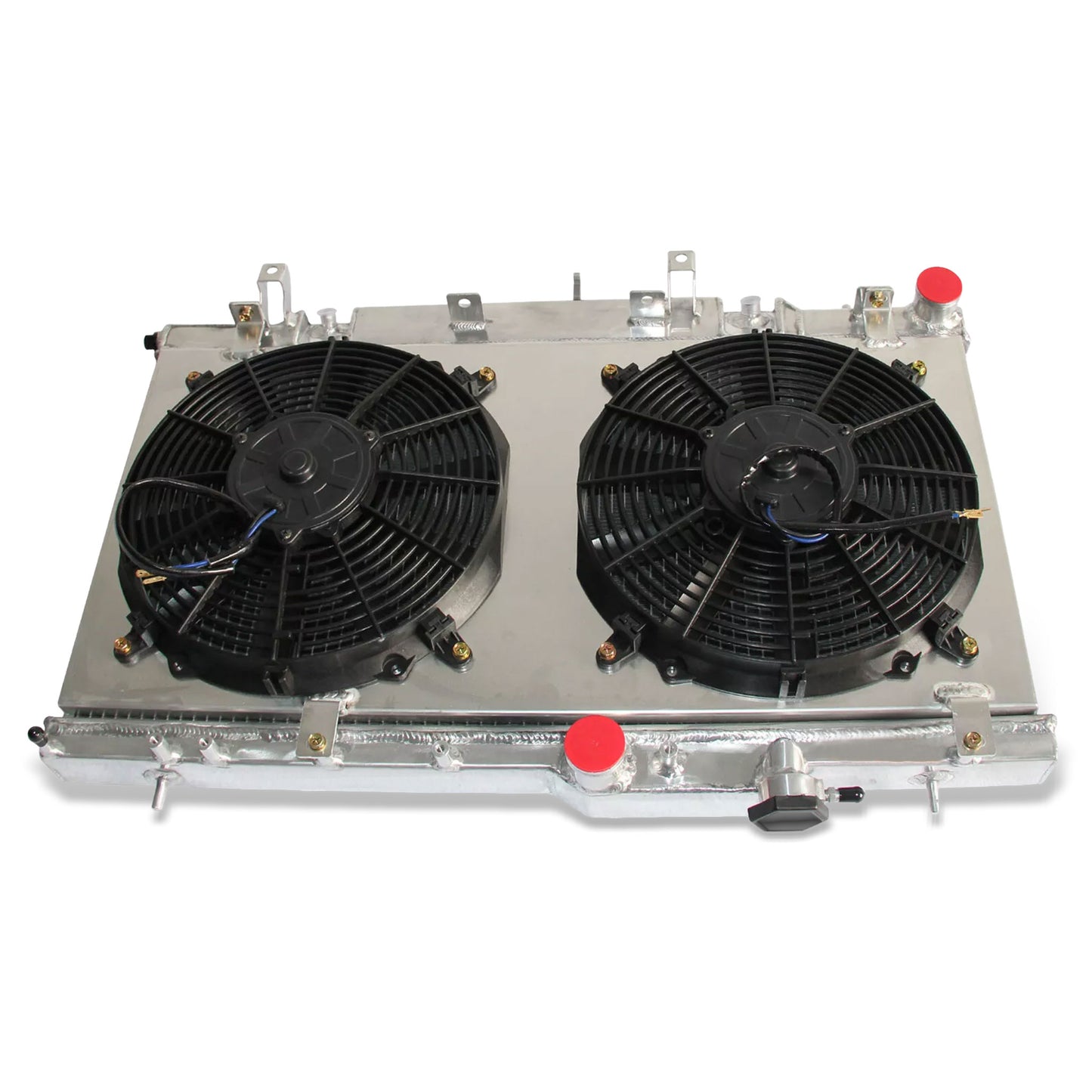 Aluminum radiator fan shroud 2-row top rear view Subaru Impreza Saab Baja 9-2X (2003-2007) OEM Mounts