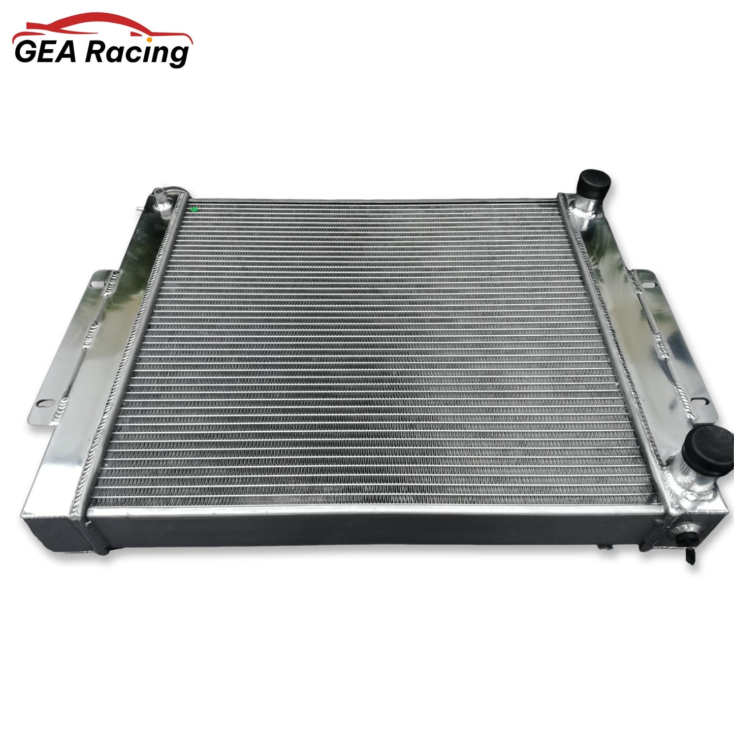 Top view of the 3 row aluminum radiator for the Jeep CJ7 LS swap, displaying the filler neck and robust core construction.