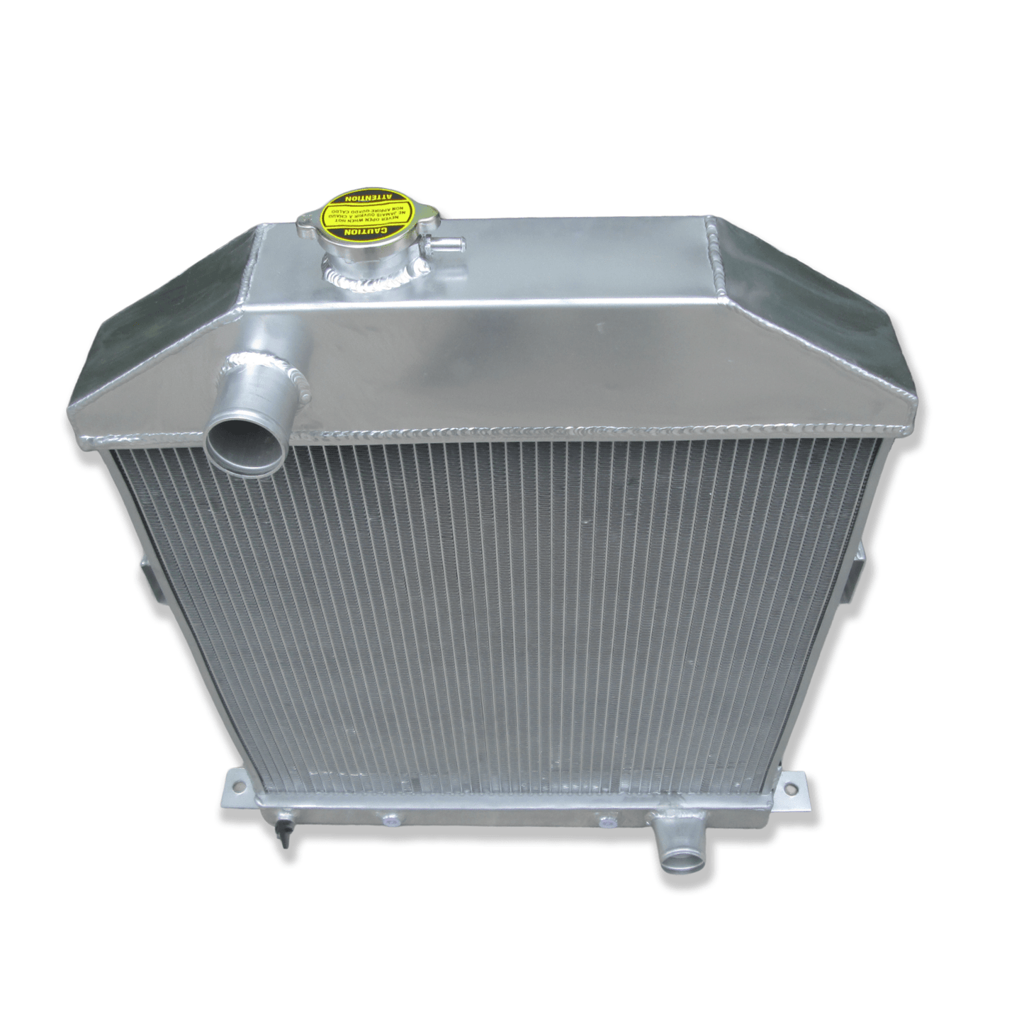 Top-down view of the 3-row radiator for the Ford Flathead V8, displaying the authentic-style filler neck and triple-core design.