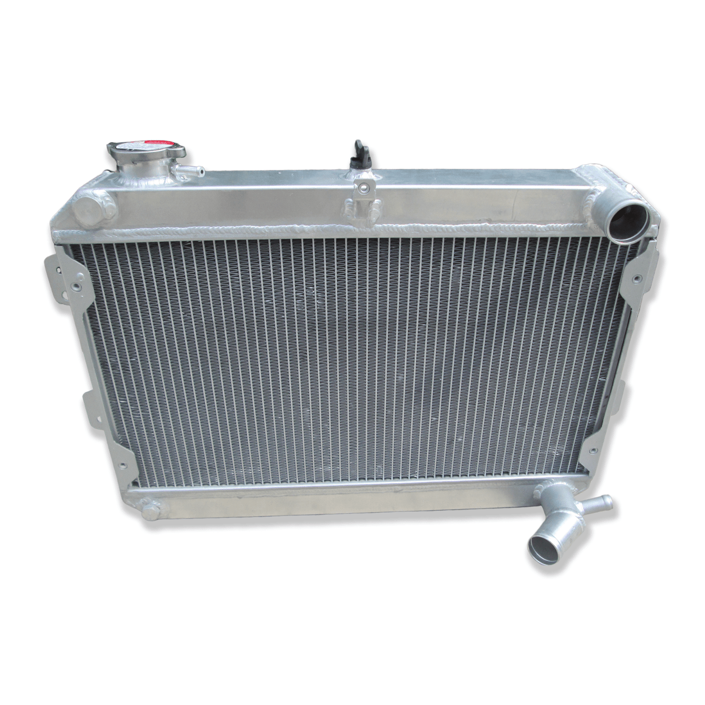 Top-down view of the radiator for the Mazda RX-7 S1, S2, and S3, displaying the filler neck, pressure cap, and durable top tank construction.