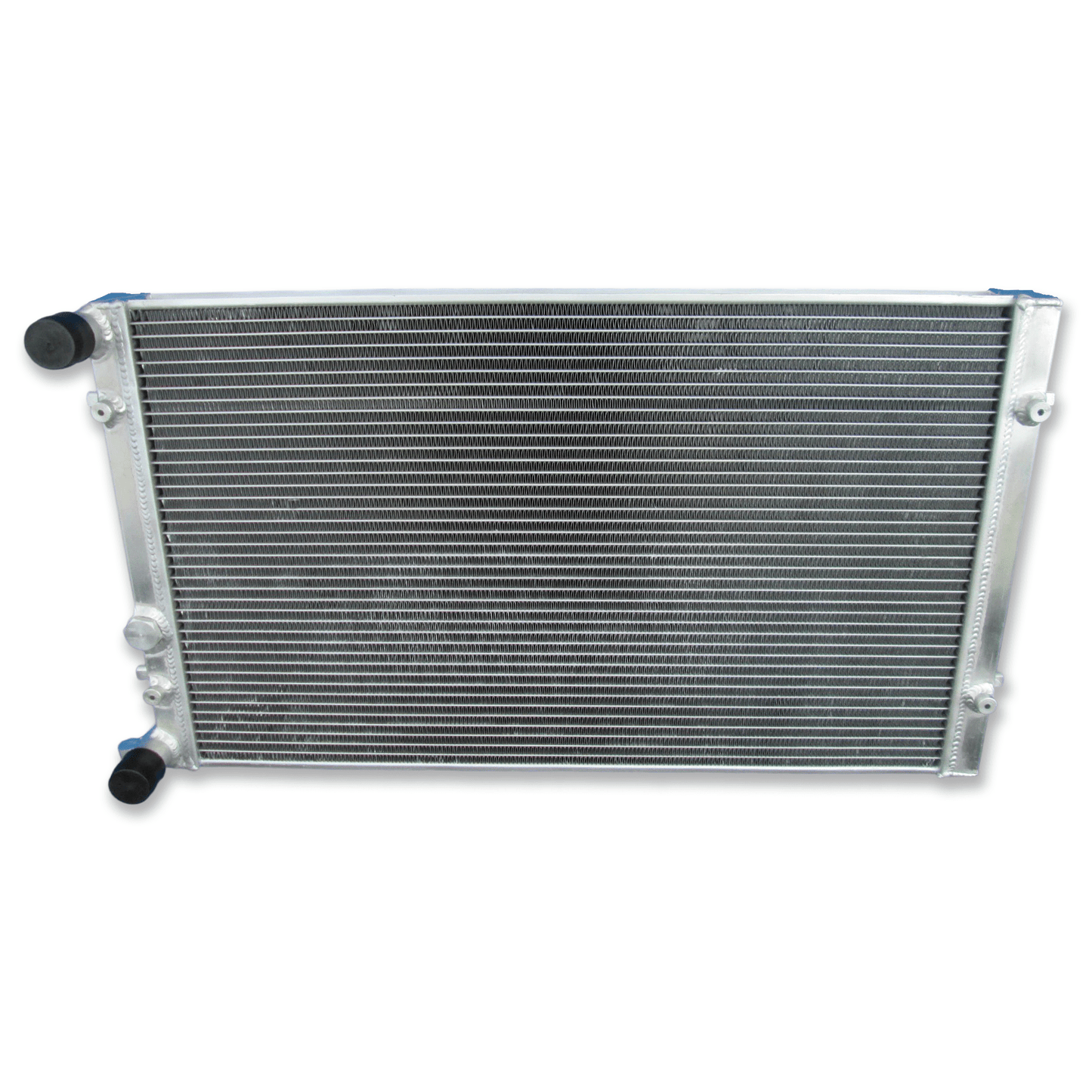 Top-down view of the dual pass radiator for the VW Jetta MK4, displaying the robust TIG-welded construction and dual-pass baffle.