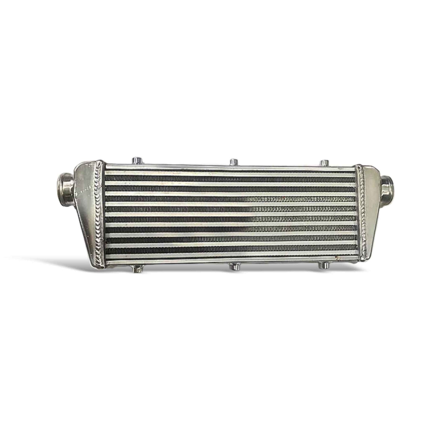 Left side view of universal 23x8x2 turbo FMIC intercooler with 2.25-inch inlet and welded end tanks