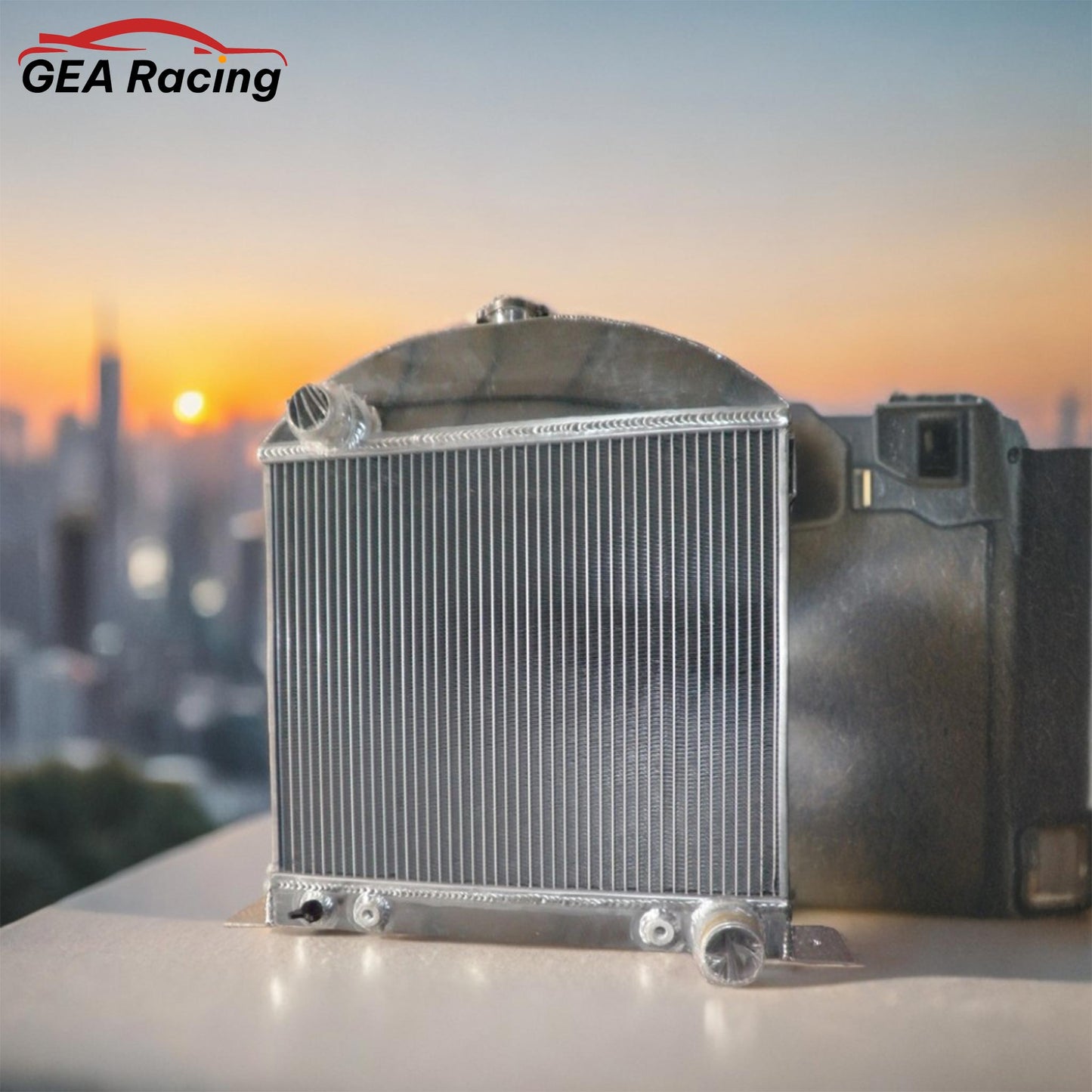 3-row aluminum radiator installed in a chopped 1930 Ford Model A hot rod, perfectly cooling its Chevy V8 engine.