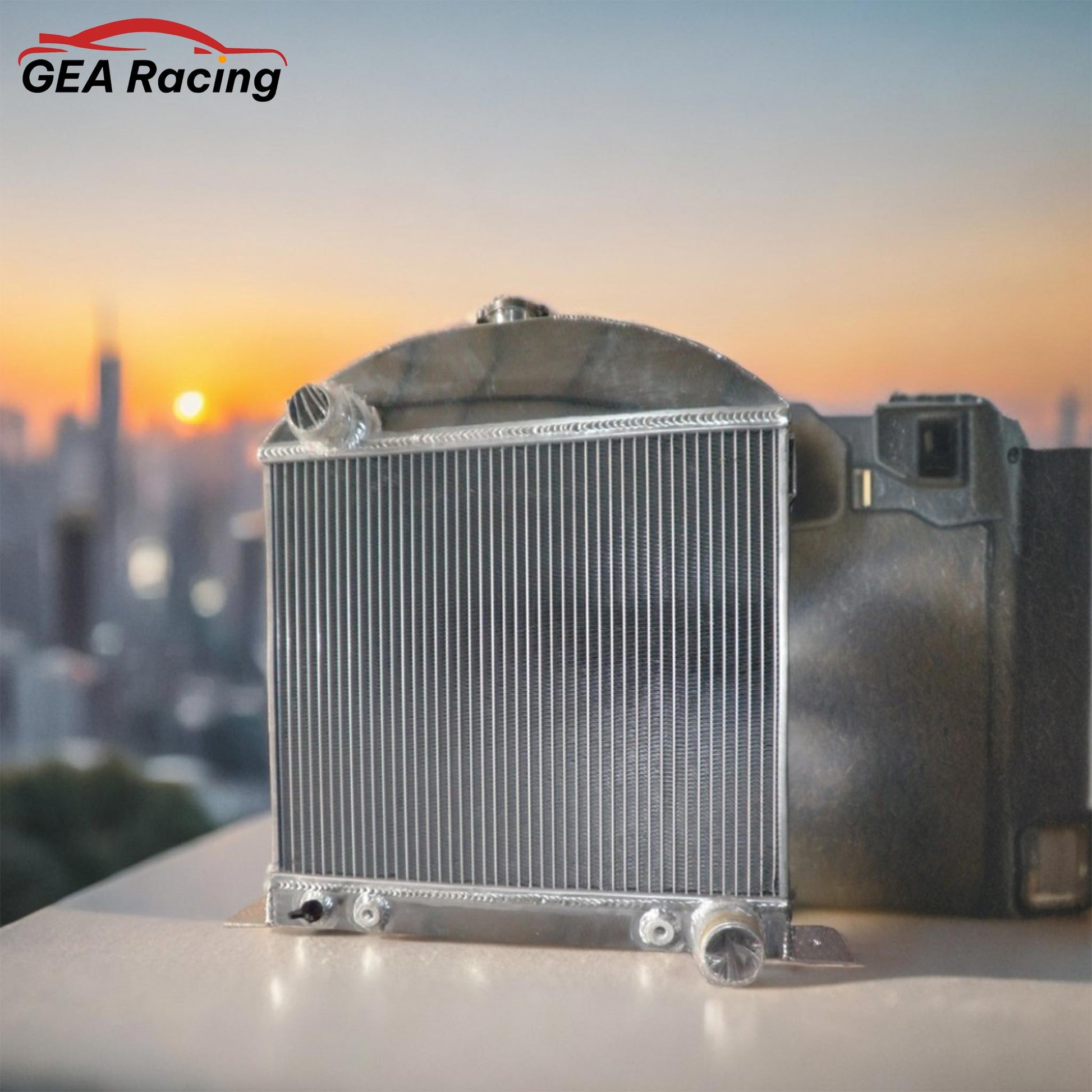 3-row aluminum radiator installed in a chopped 1930 Ford Model A hot rod, perfectly cooling its Chevy V8 engine.