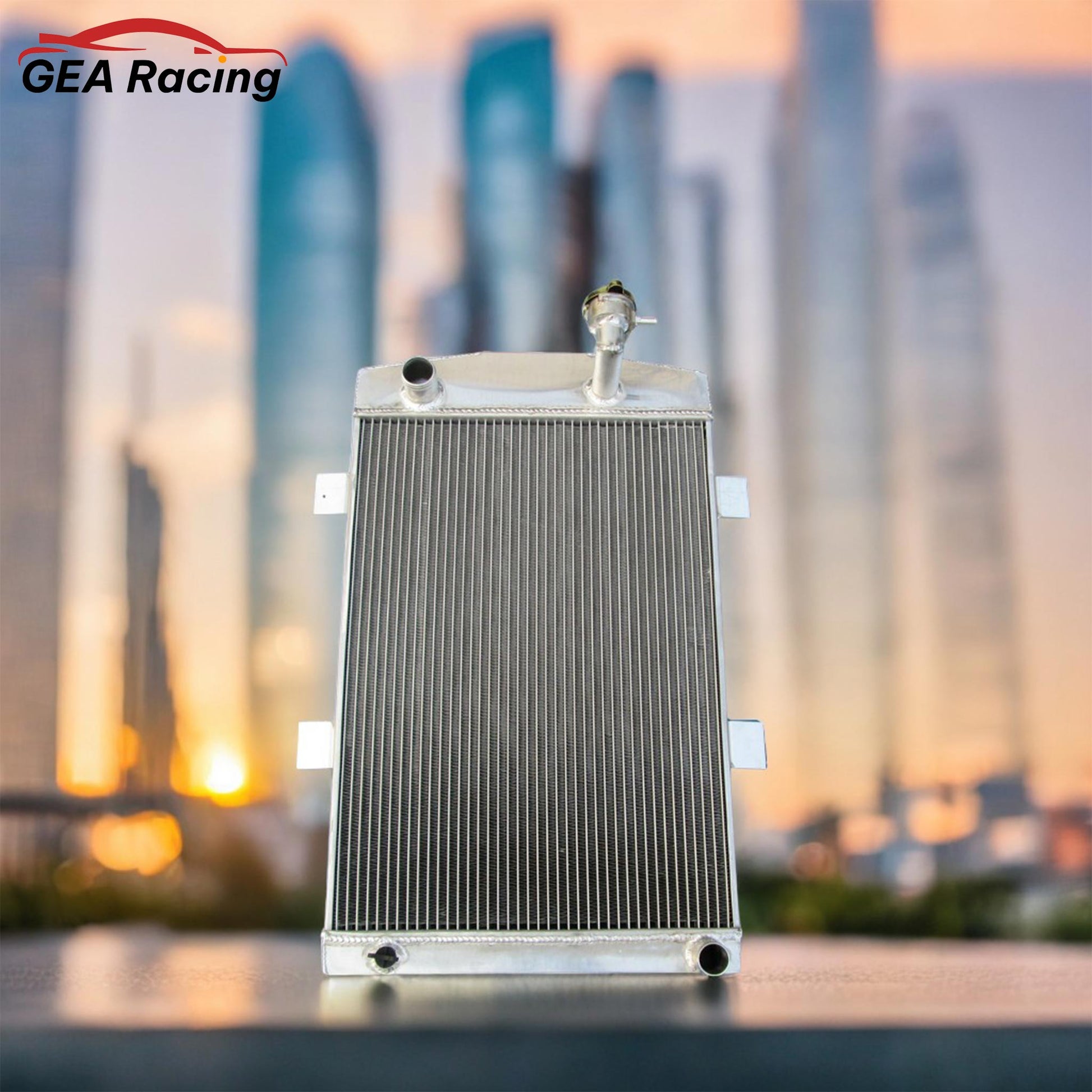 A 3-row 62mm aluminum radiator installed in a 1936 Custom Chevy Hot Rod, cooling its powerful 350 V8 engine.