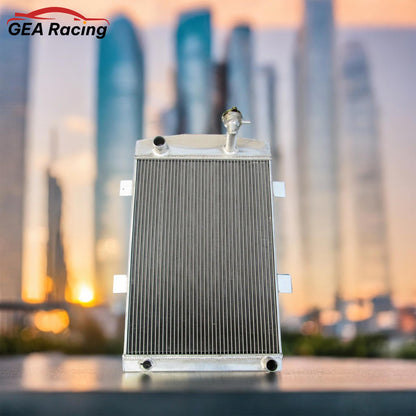 A 3-row 62mm aluminum radiator installed in a 1936 Custom Chevy Hot Rod, cooling its powerful 350 V8 engine.