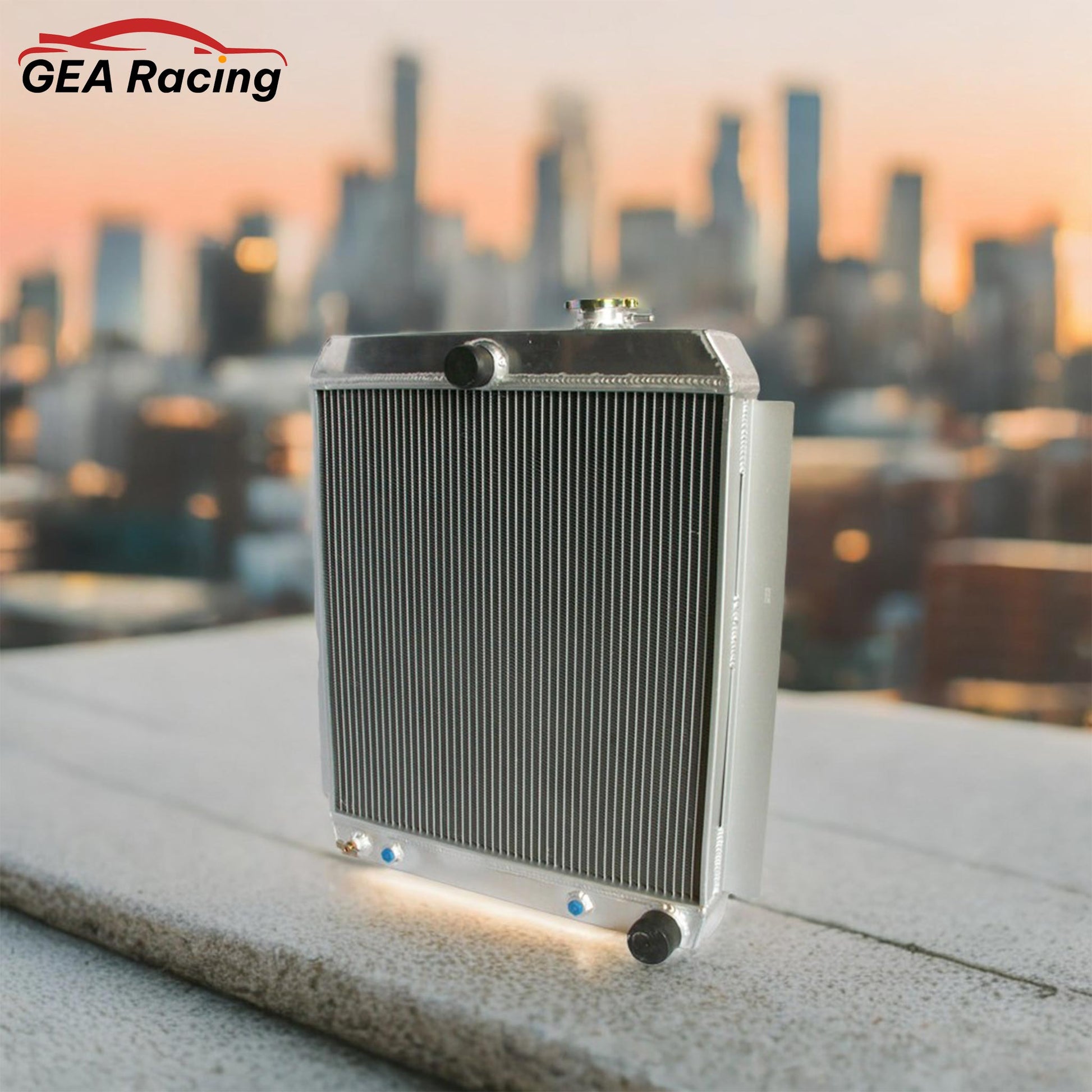 A 3-row aluminum radiator installed in the engine bay of a classic 1952 Chevrolet 3100 pickup truck.