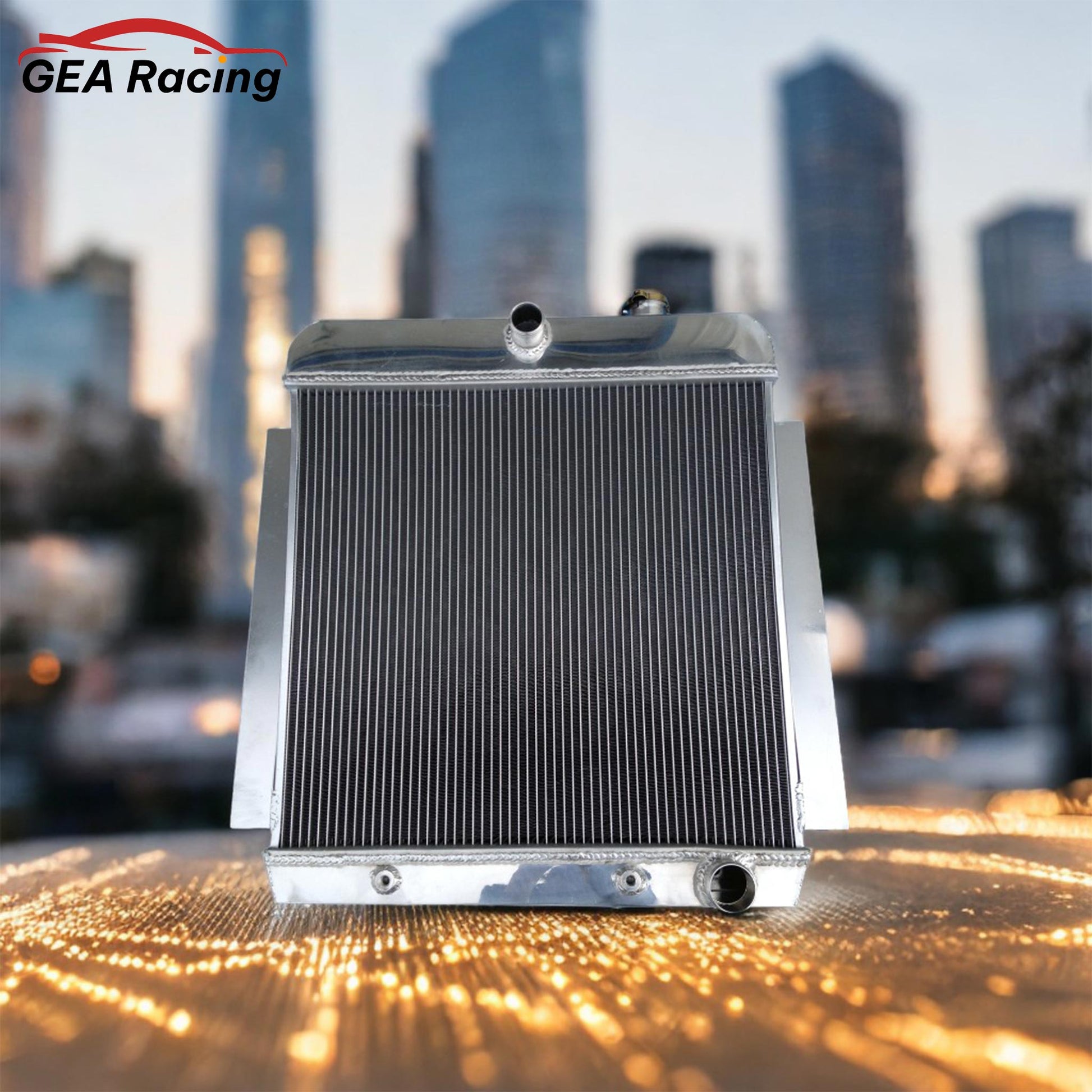3-row aluminum radiator installed in the engine bay of a classic 1957 Chevy 3100 V8 pickup truck for superior cooling.
