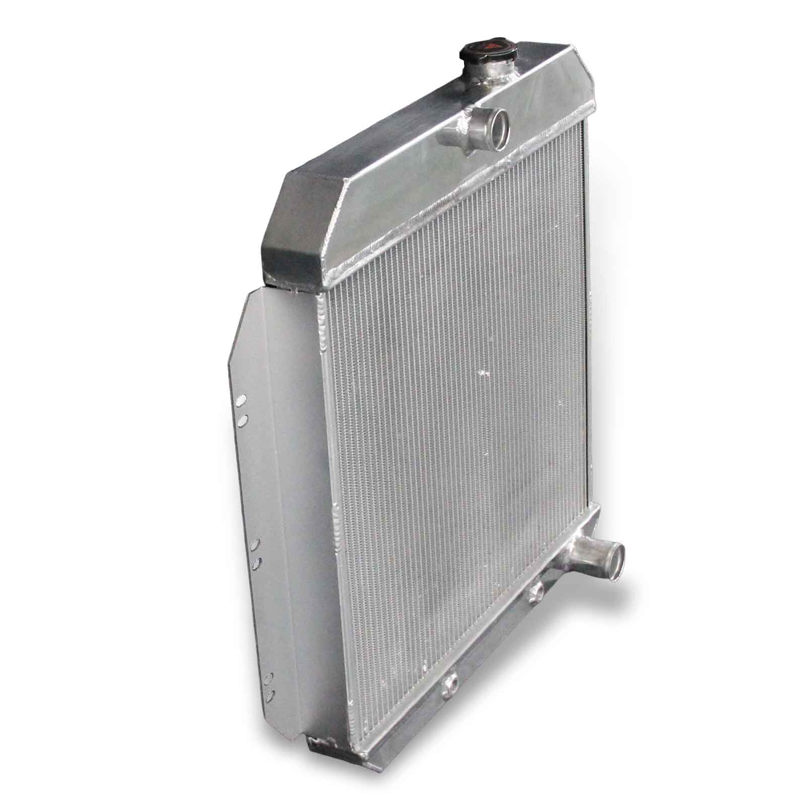 Left side profile of the 52mm 3-row aluminum radiator for the 1960-1962 Chevy Series, displaying the driver-side inlet/outlet configuration.