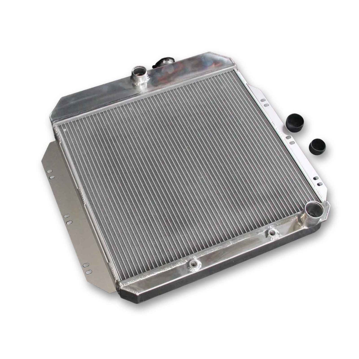 Rear view of the 3-Row aluminum radiator for 1960-1962 Chevy Series, showing the AT/MT cooler ports and sturdy mounting brackets.