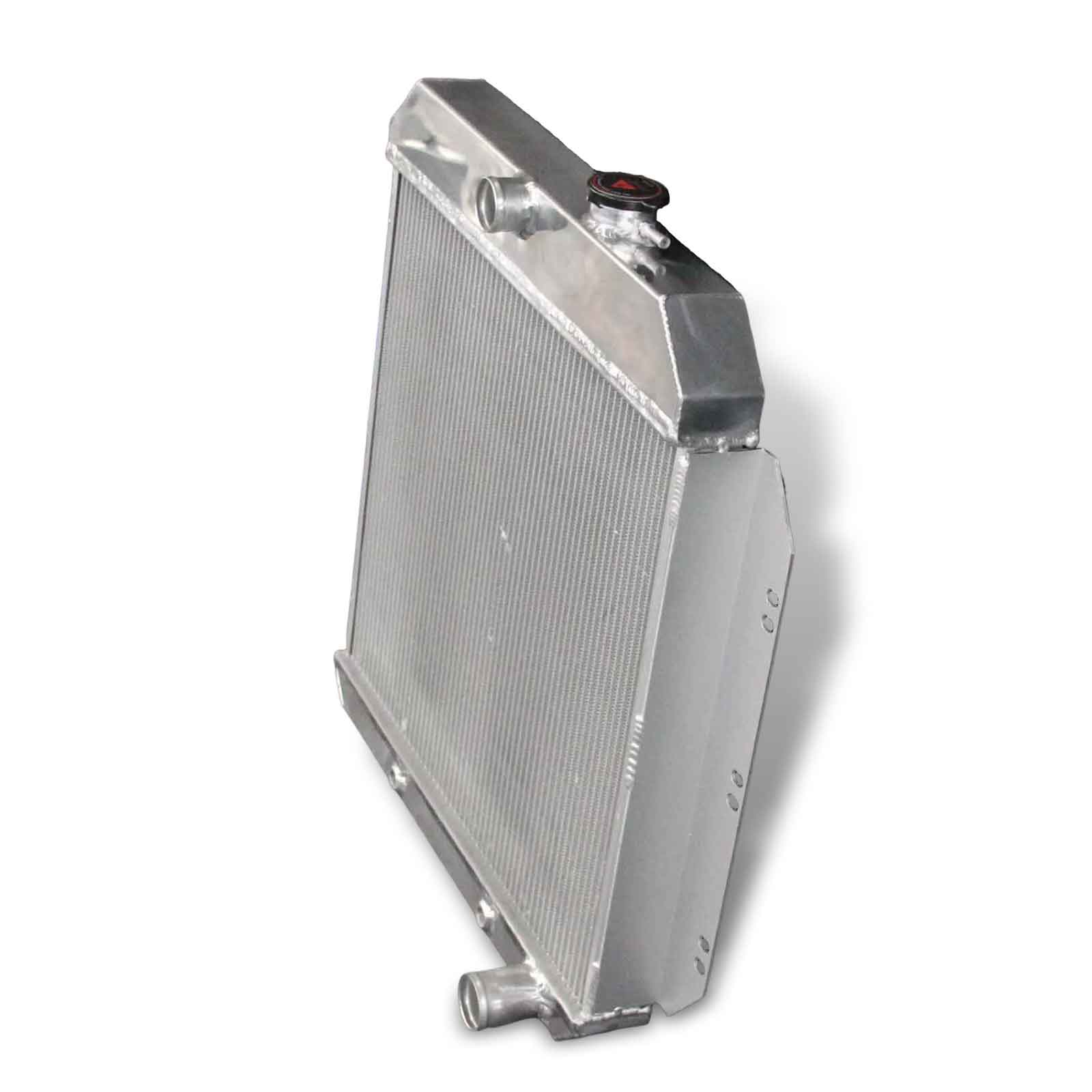 Right side profile of the 52mm 3-row aluminum radiator for the 1960-1962 Chevy Series, showing the passenger-side tank and drain plug.