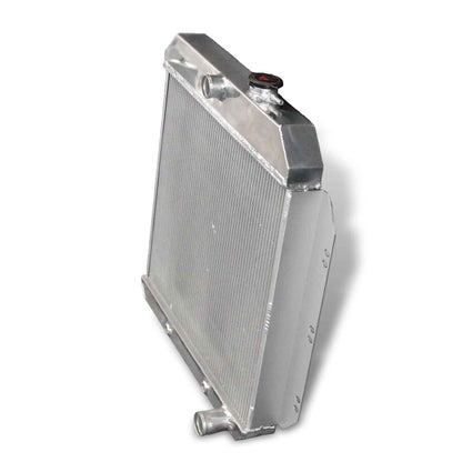 Right side profile of the 52mm 3-row aluminum radiator for the 1960-1962 Chevy Series, showing the passenger-side tank and drain plug.