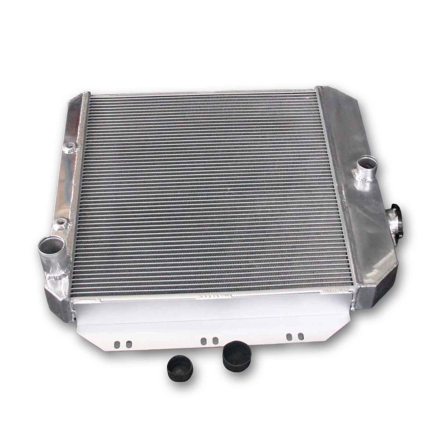 Close-up detail of the precision TIG-welding and high-density fins on the 3-row aluminum radiator for the classic 1960-1962 Chevy Series.