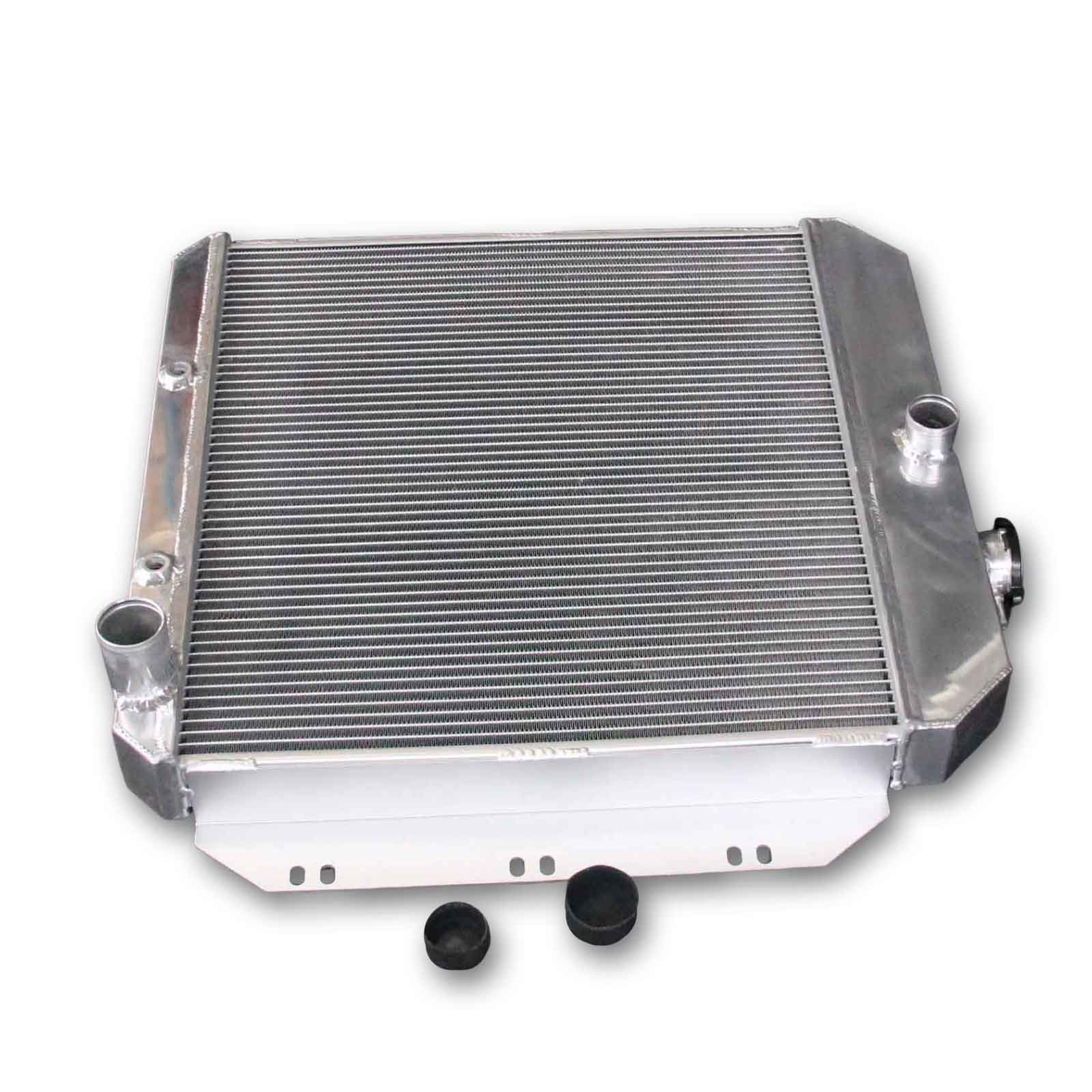 Close-up detail of the precision TIG-welding and high-density fins on the 3-row aluminum radiator for the classic 1960-1962 Chevy Series.