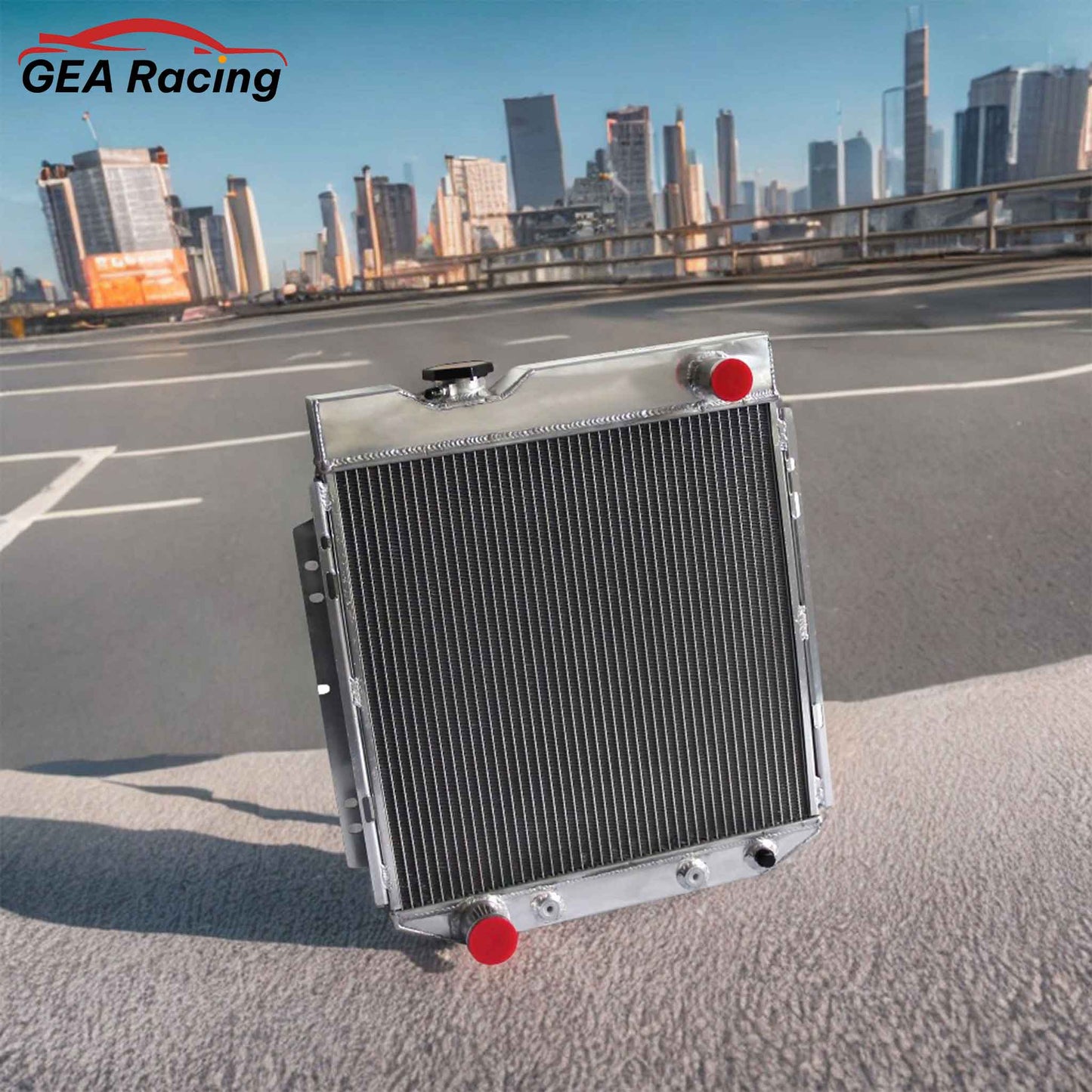 3 Row Aluminum Radiator for 1960-1966 Ford Falcon, Mustang & Mercury Comet V8, high-performance cooling system, front angled view display