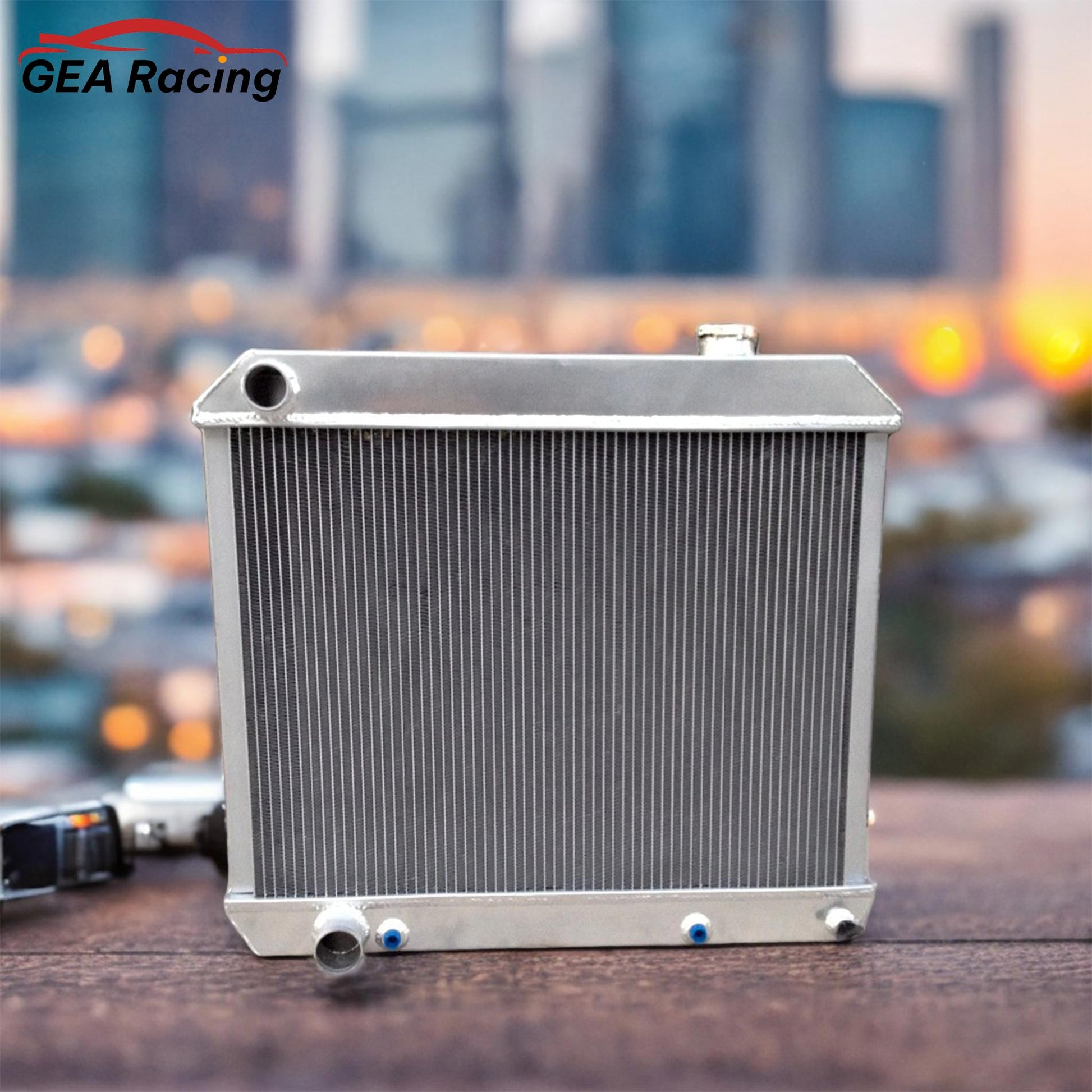 A 3-row aluminum radiator installed in the engine bay of a classic 1962 Cadillac DeVille, ready to cruise.