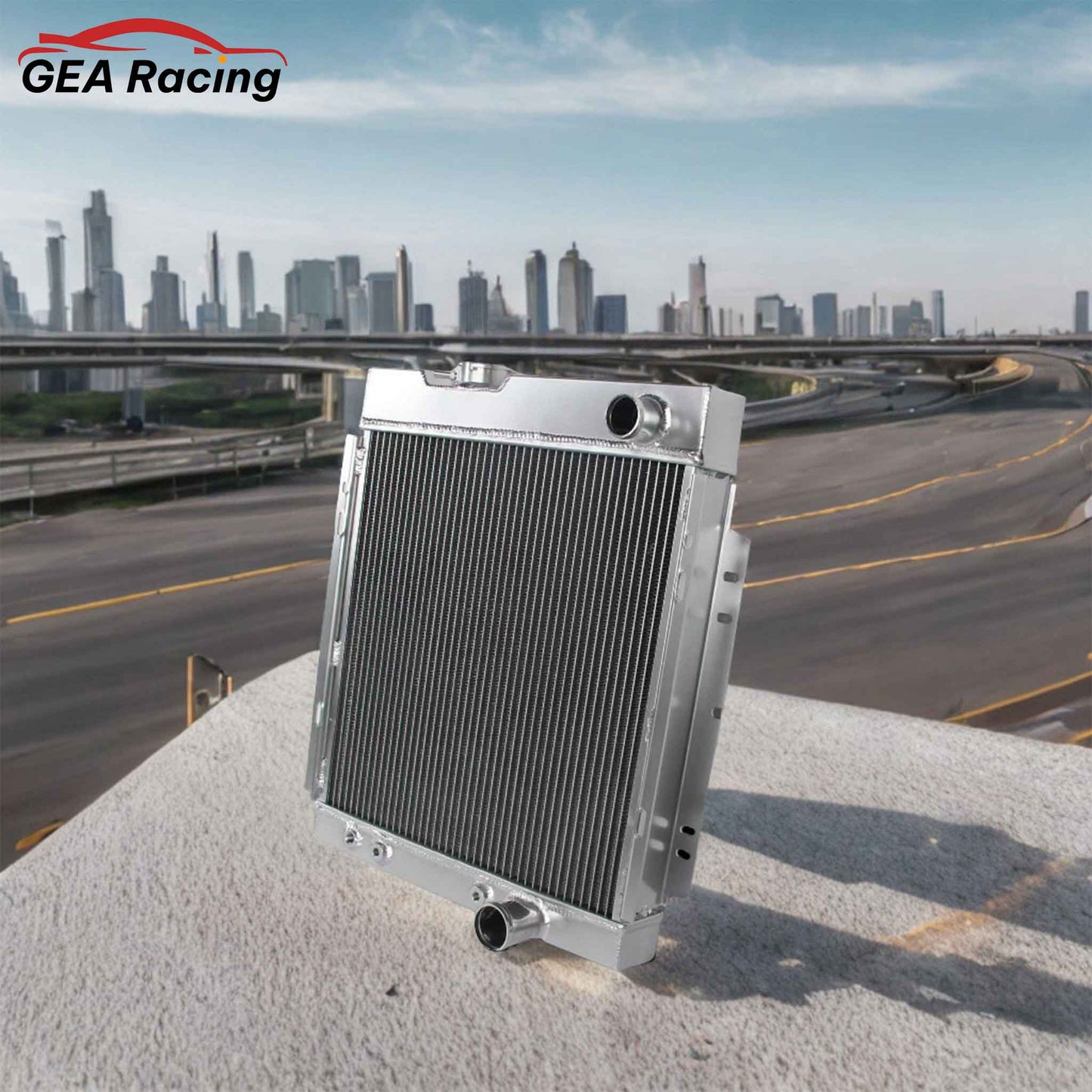 3 Row Aluminum Radiator for 1963-1965 Ford Mustang Falcon, 1963-1966 Mercury Comet 4.7L 4.3L V8, high-performance cooling system, front angled view display