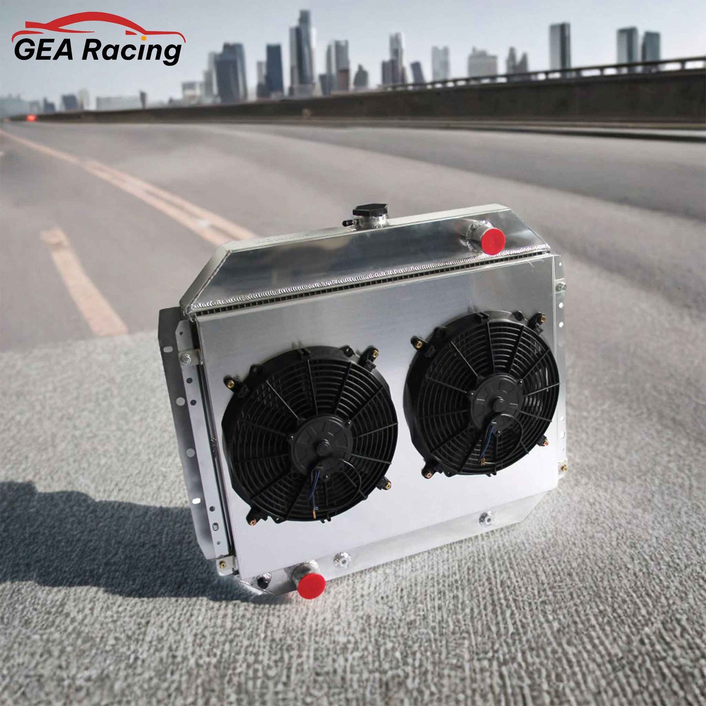 Aluminum Radiator with Fan Shroud for 1968-1979 Ford F-Series, Bronco, Ranger 6.6L V8, high-performance cooling system, front angled view display
