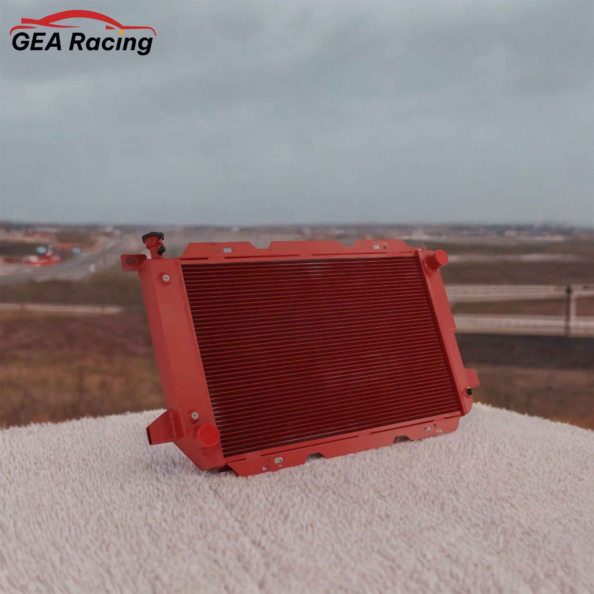 3 Row Red Aluminum Radiator for 1985-1997 Ford Bronco, F-150, F-250, F-350 5.8L V8, high-performance cooling system, front angled view display