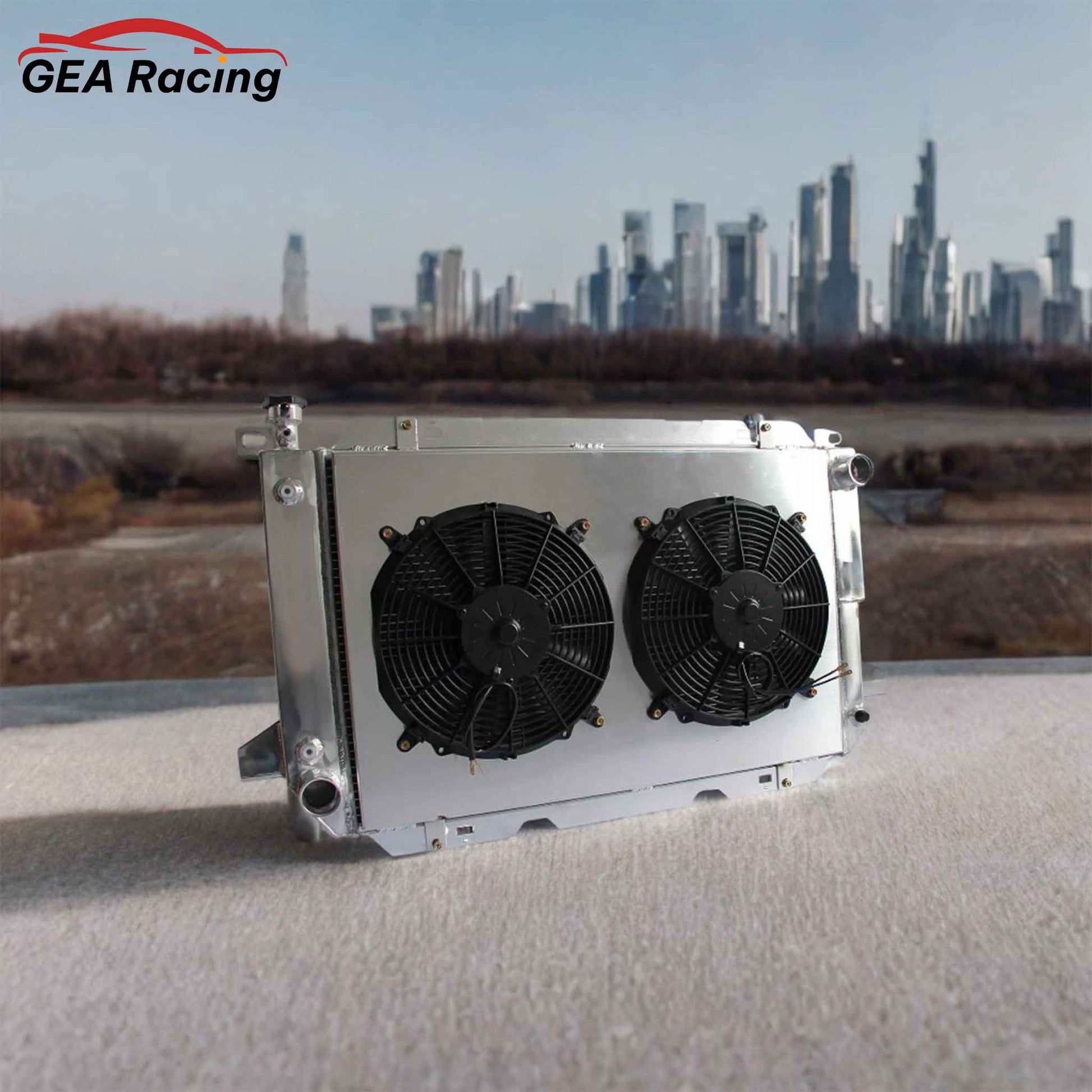 3 Row Aluminum Radiator with Fan Shroud for 1985-1997 Ford Bronco, F-150, F-250, F-350, F-450, high-performance cooling system, front angled view display
