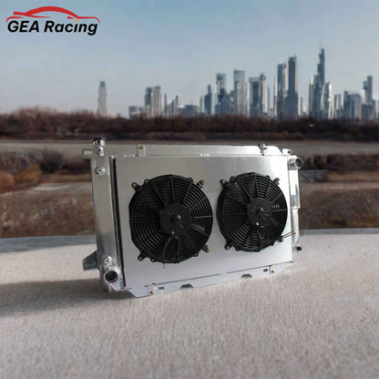 3 Row Aluminum Radiator with Fan Shroud for 1985-1997 Ford Bronco, F-150, F-250, F-350, F-450, high-performance cooling system, front angled view display