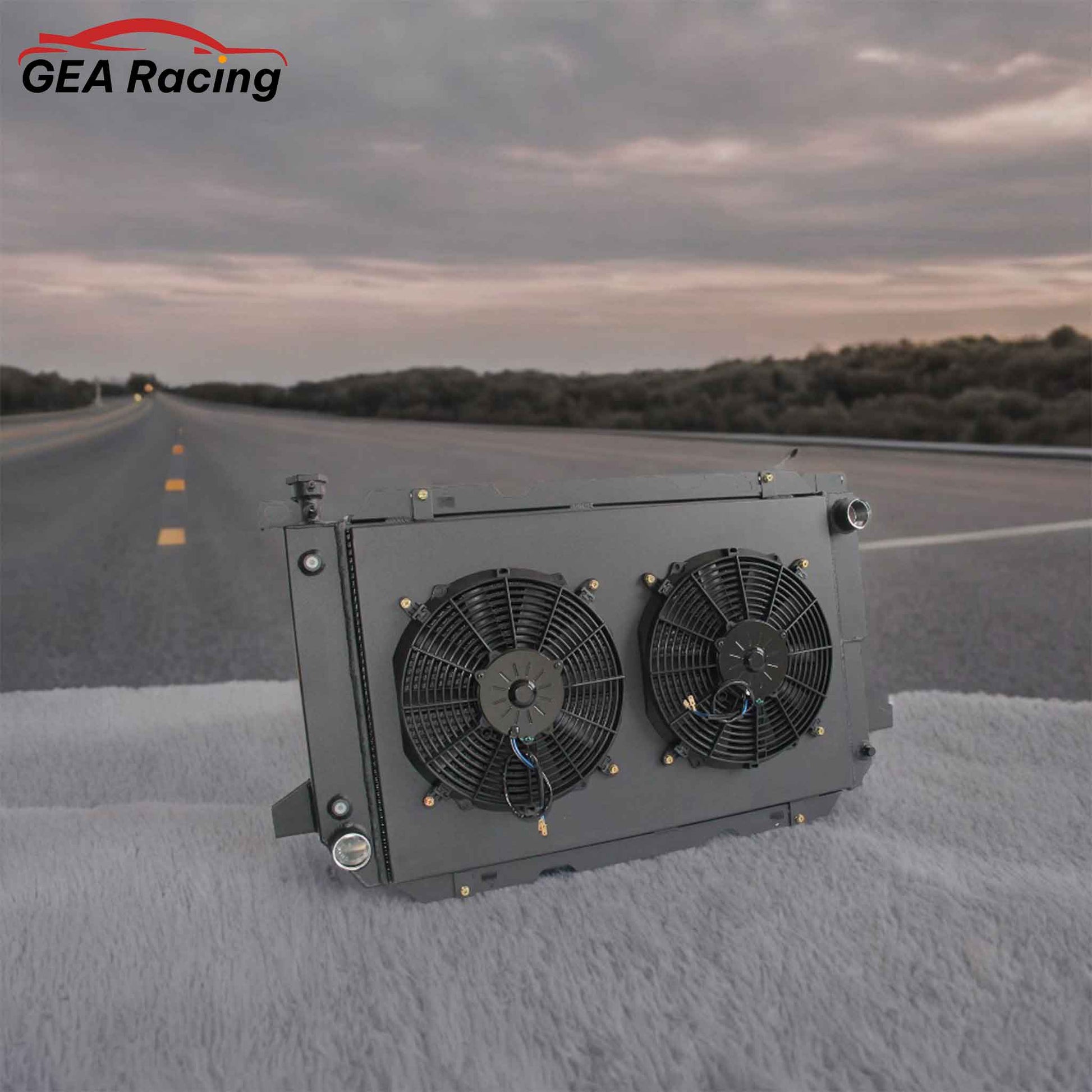 3 Row Black Aluminum Radiator with Fan Shroud for 1985-1997 Ford F-350, F-250, F-150, Bronco V8, high-performance cooling system, front angled view display