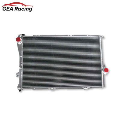 Front view of a 2-row full aluminum radiator for a 1999-2006 BMW 5 Series (525, 530, 540, M5), 7 Series (740, 750), and Z8, fitting L6 & V8 engines.