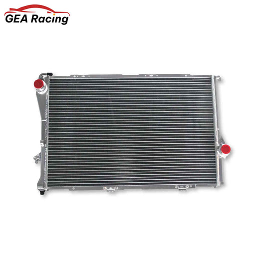 Front view of a 2-row full aluminum radiator for a 1999-2006 BMW 5 Series (525, 530, 540, M5), 7 Series (740, 750), and Z8, fitting L6 & V8 engines.