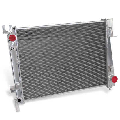 Left side profile view of the 2 Row Aluminum Radiator, highlighting the core thickness and mounting points for a 2002-2004 Dodge Ram with a manual transmission.