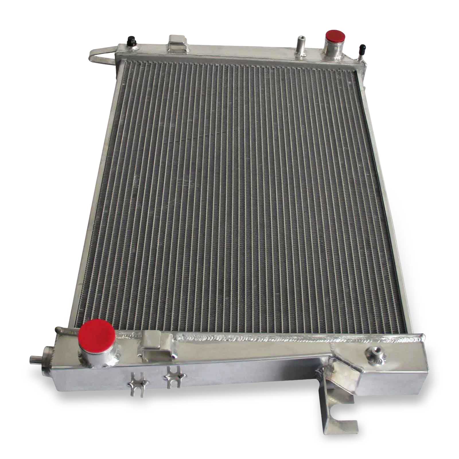 Detailed close-up of the TIG-welded seams and high-efficiency cooling fins on the 2 Row Aluminum Radiator for a 2002-2004 Dodge Ram.
