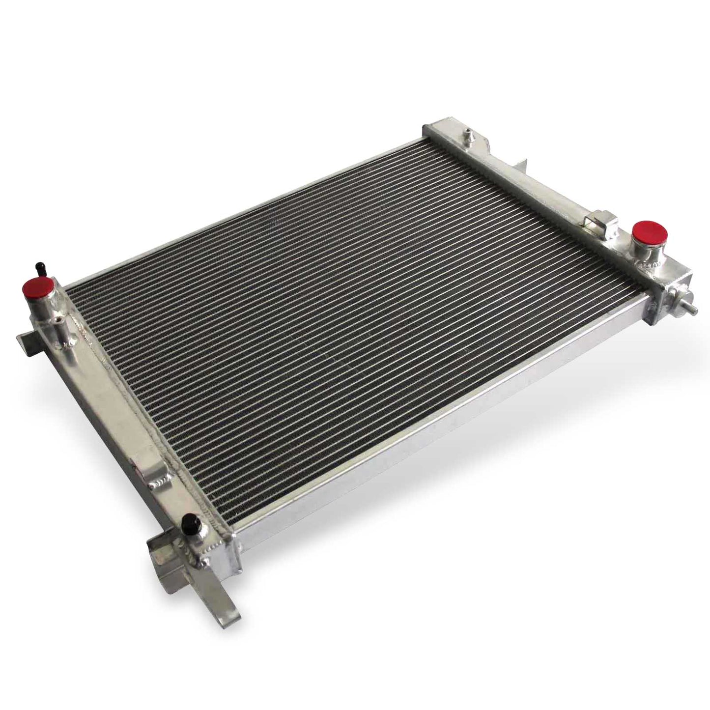 Top view of the 2 Row Aluminum Radiator for a 02-04 Dodge Ram, showing the reinforced filler neck and TIG-welded top tank.