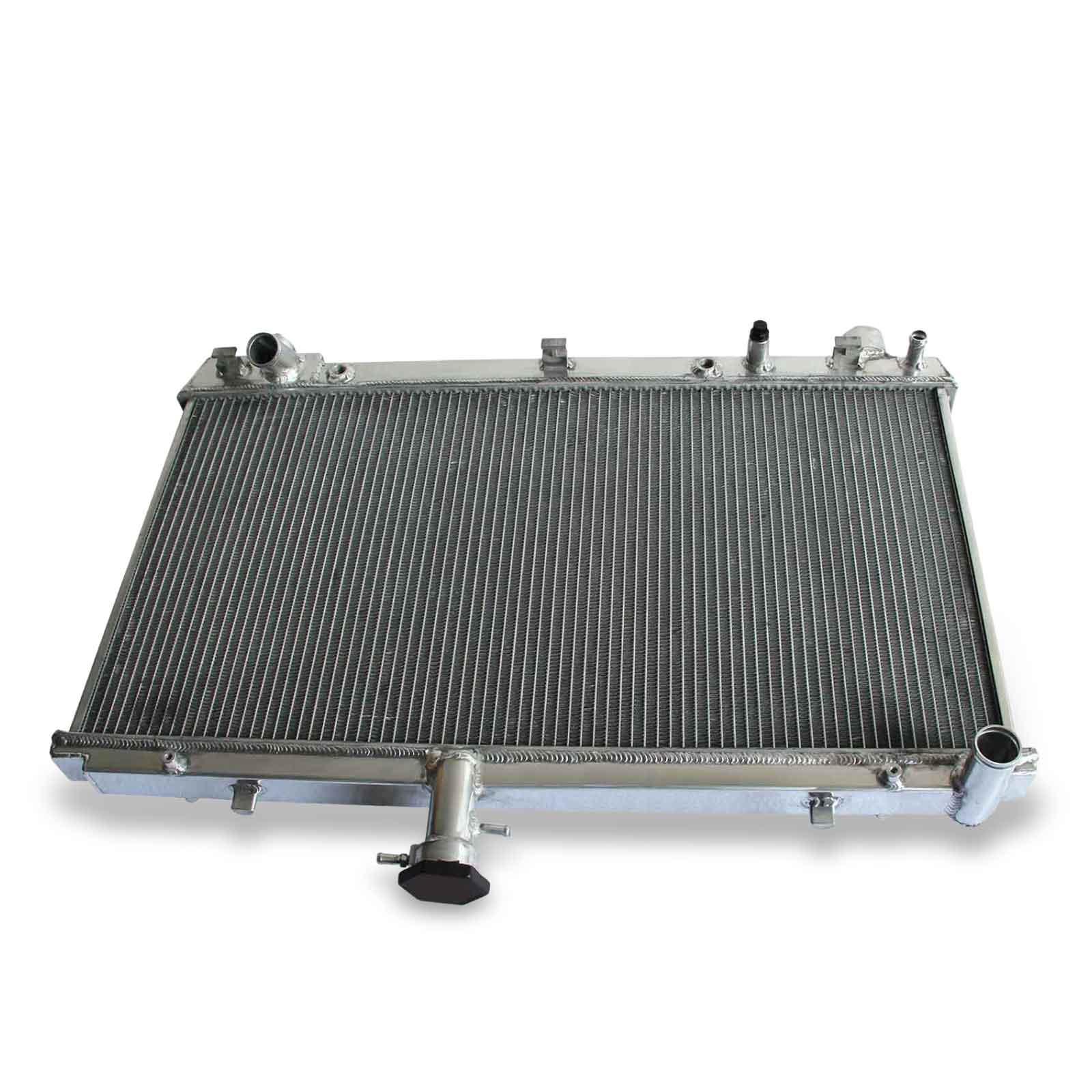 Top-down view of the 2-Row aluminum radiator for the 2012-2015 Chevrolet Camaro, highlighting the high-efficiency core and brackets.