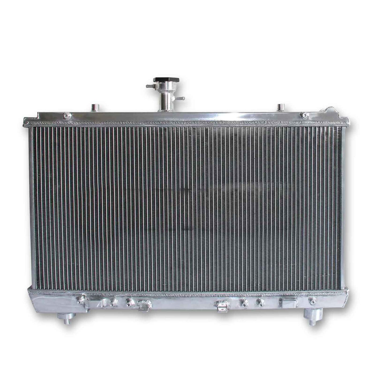 Rear view of the 2-Row aluminum radiator for the 12-15 Camaro, showing integrated AT/MT cooler ports and precise mounting tabs.
