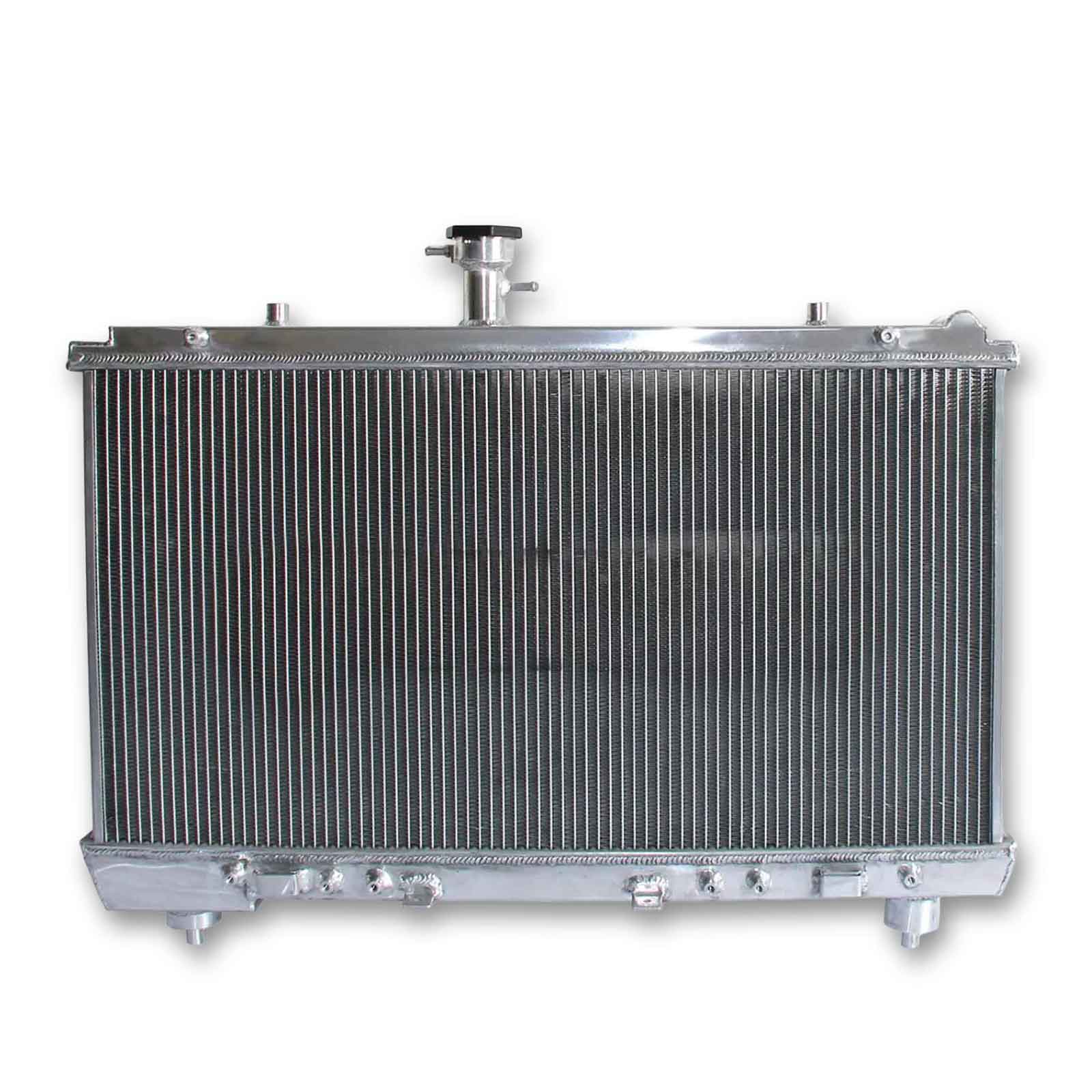 Rear view of the 2-Row aluminum radiator for the 12-15 Camaro, showing integrated AT/MT cooler ports and precise mounting tabs.