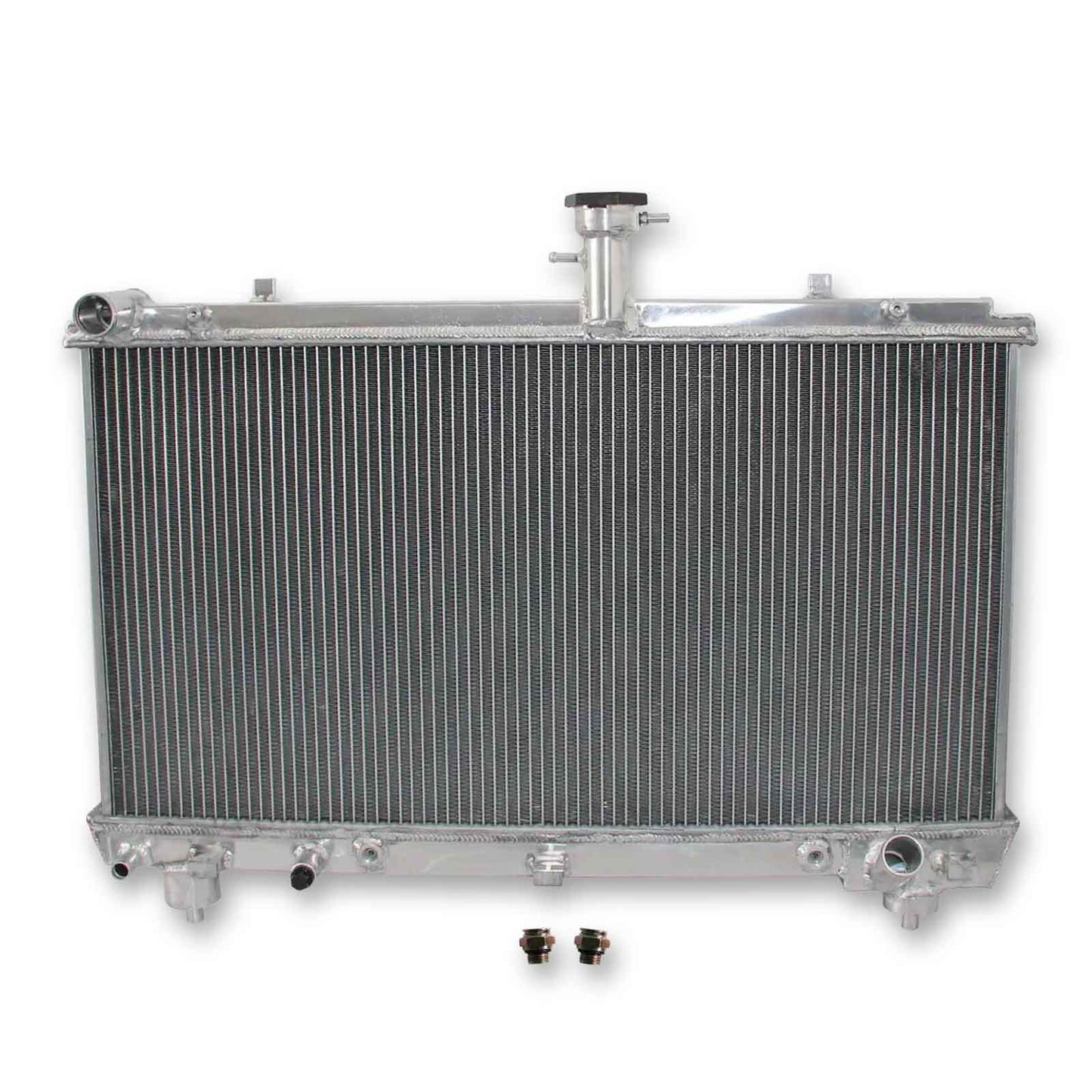 Front view of the 2-Row high-performance aluminum radiator for the 2012-2015 Chevrolet Camaro SS, LT, with V6 or V8 engines.